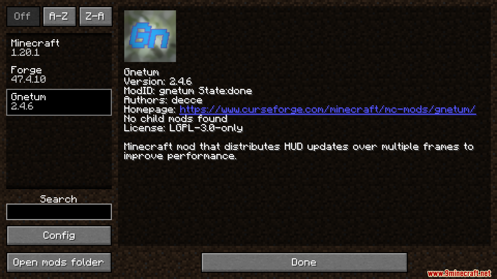 Gnetum Mod Screenshot 1 Minecraft mod menu interface displaying information about the Gnetum performance mod