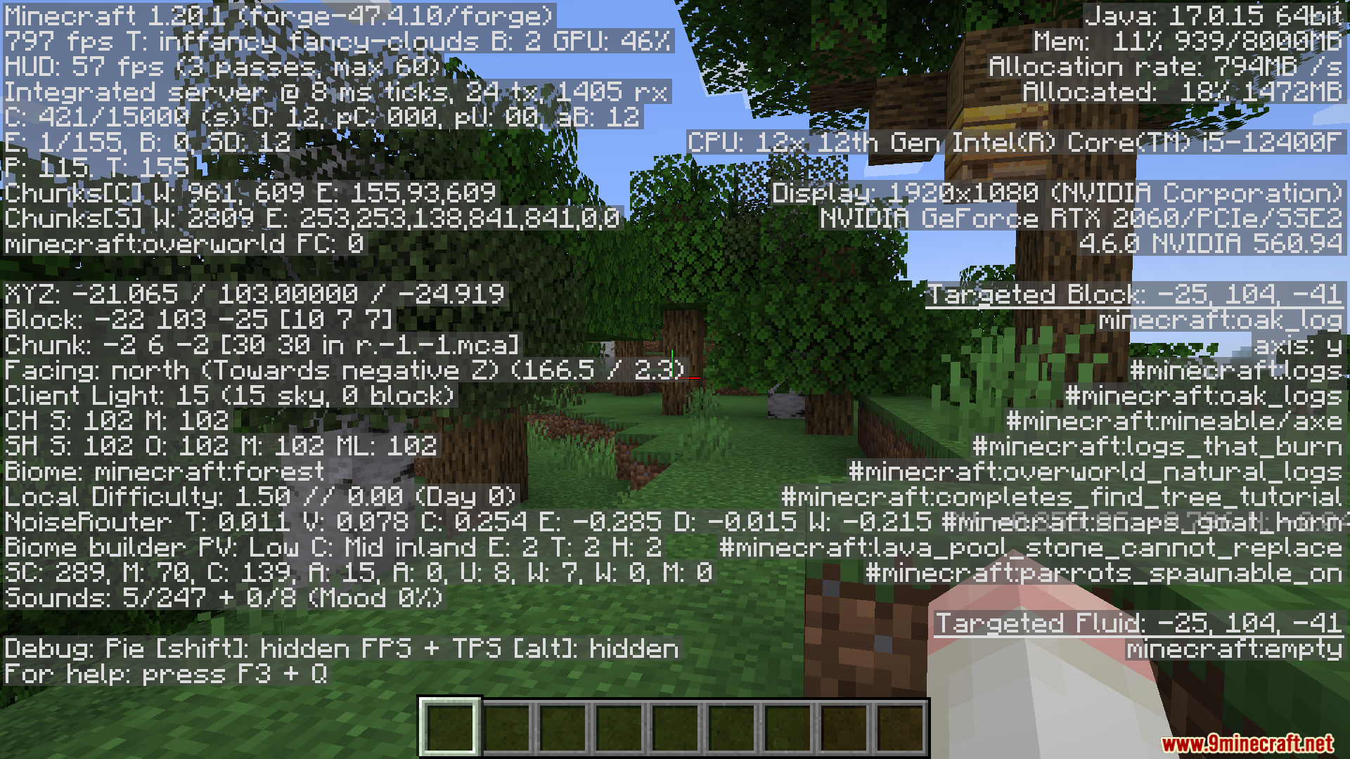 Gnetum Mod Screenshot 2 Minecraft gameplay screen showing the debug menu with various performance statistics