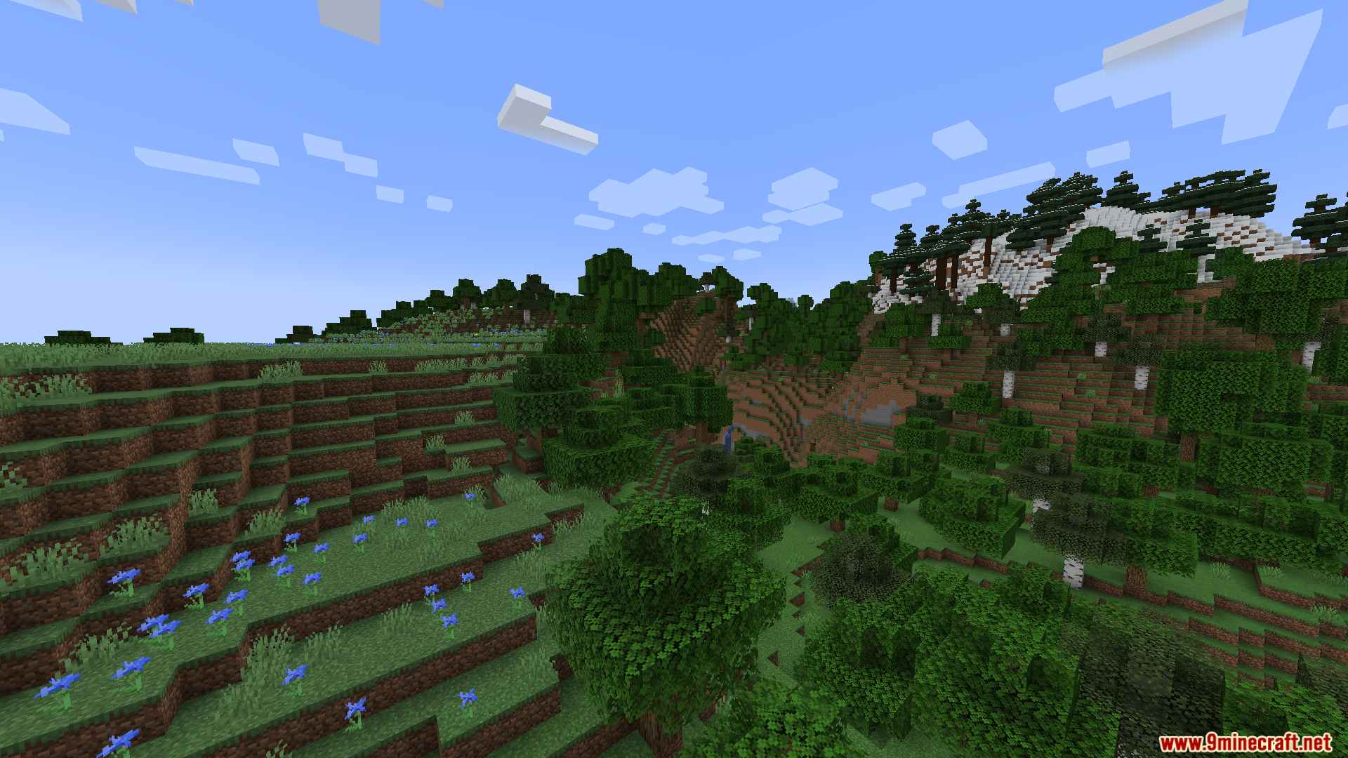 Gnetum Mod Screenshot 5 Lush green hills and forests with blue flowers in a Minecraft landscape