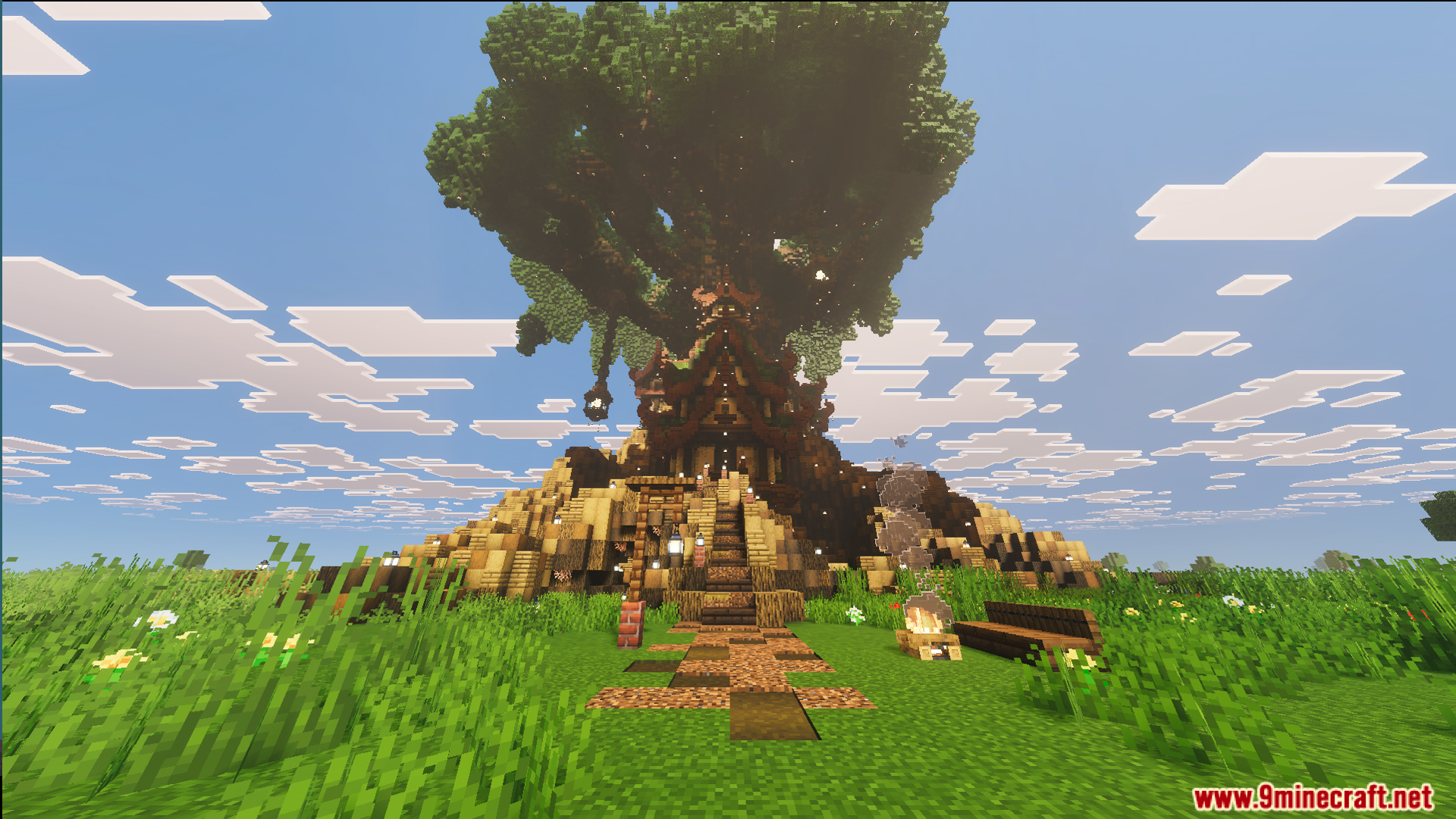 God Tree House Map Screenshot 12 Giant oak tree with small red roofed houses and a dirt path
