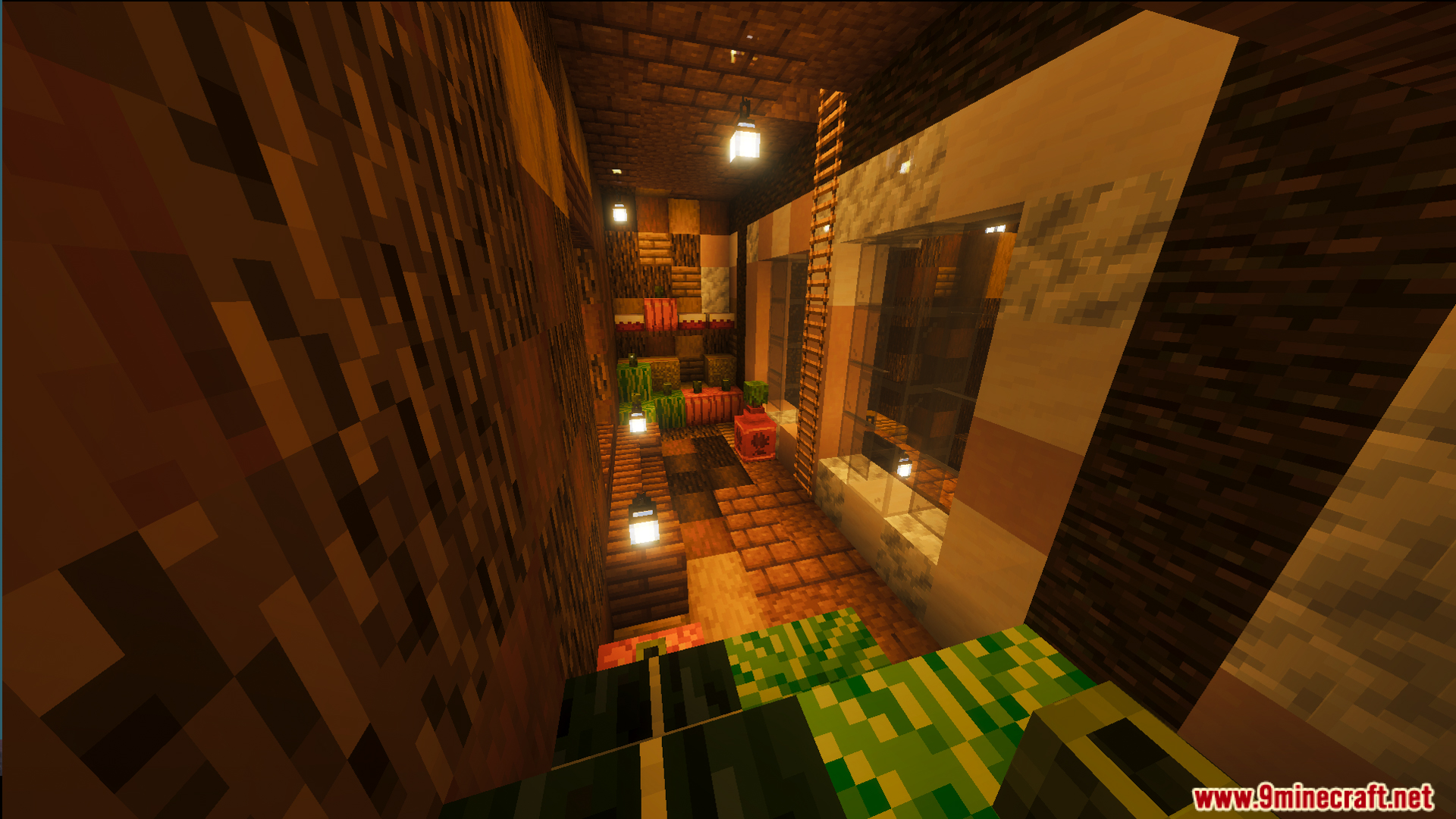 God Tree House Map Screenshot 4 Narrow wooden hallway with lanterns and decorative plants inside the tree house