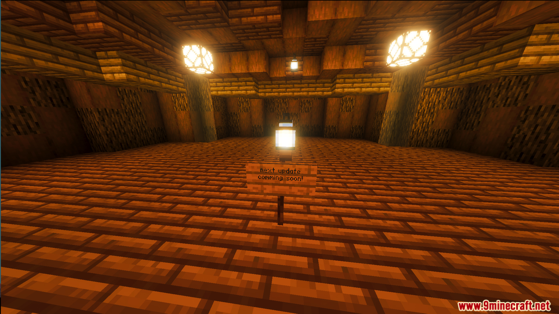 God Tree House Map Screenshot 8 An empty wooden room with glowing lanterns and a sign on a post