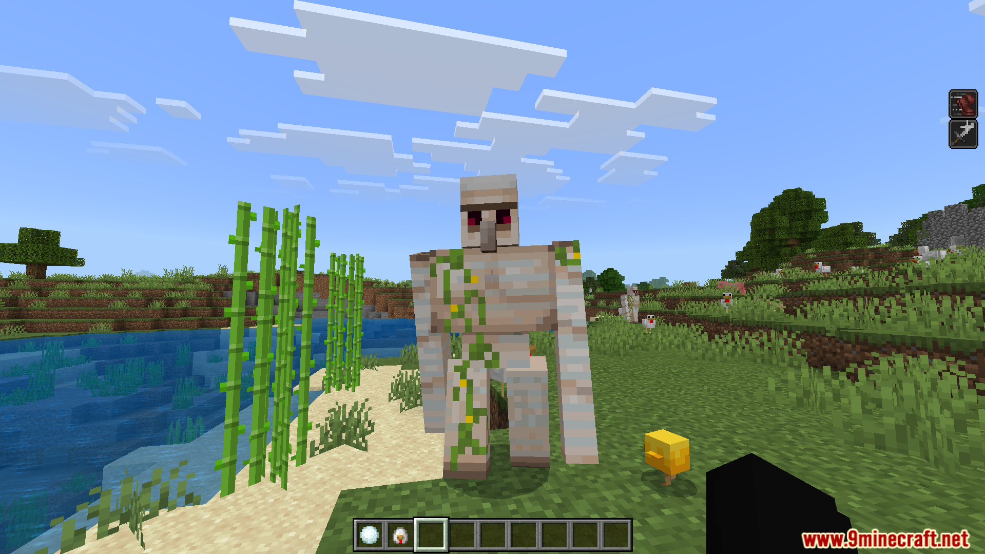 Gojo Satoru Awakening Addon Screenshot 5 Player holding a snowball while looking at an iron golem near sugar cane