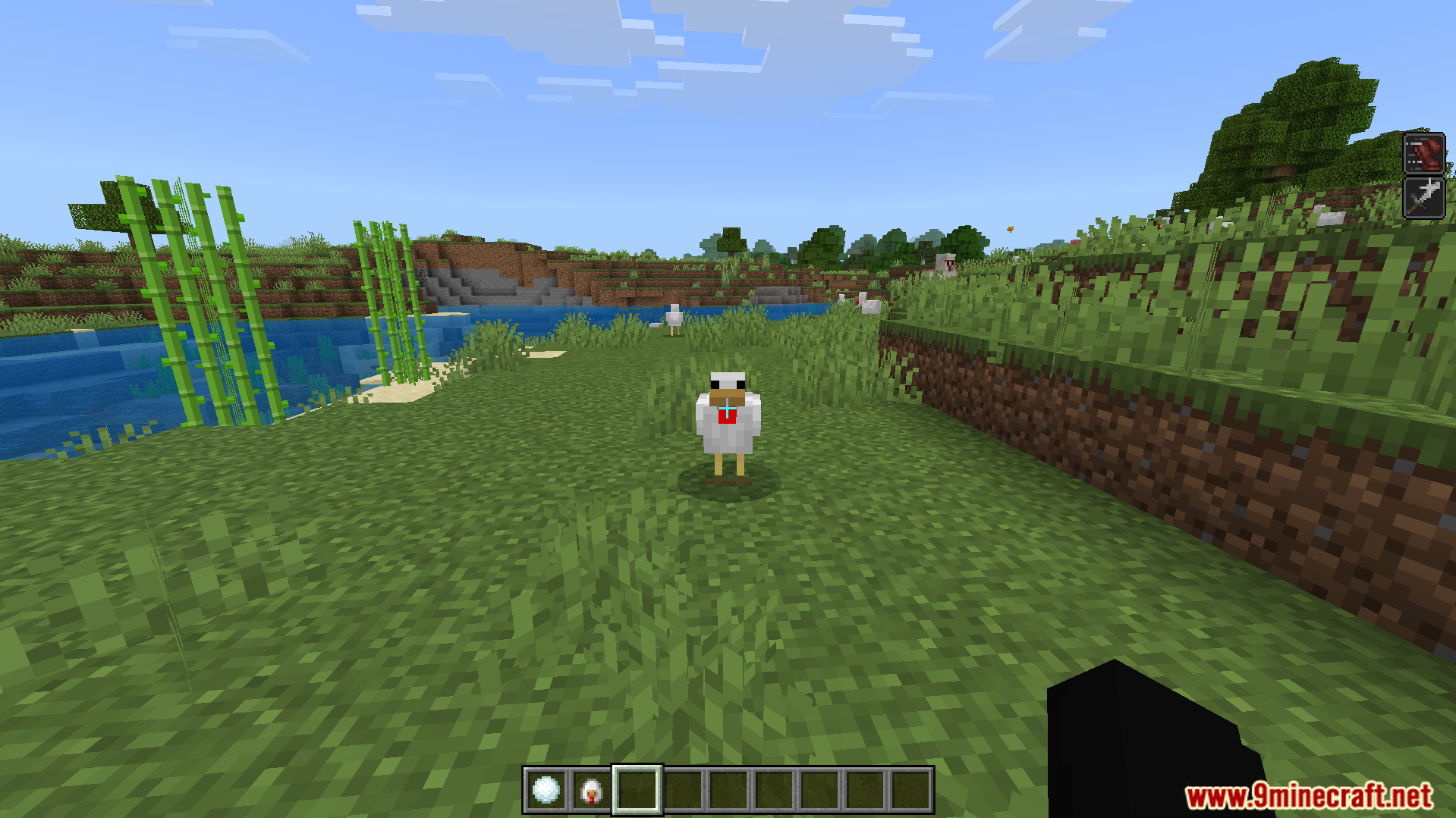 Gojo Satoru Awakening Addon Screenshot 7 Player holding a snowball while looking at a chicken in a field