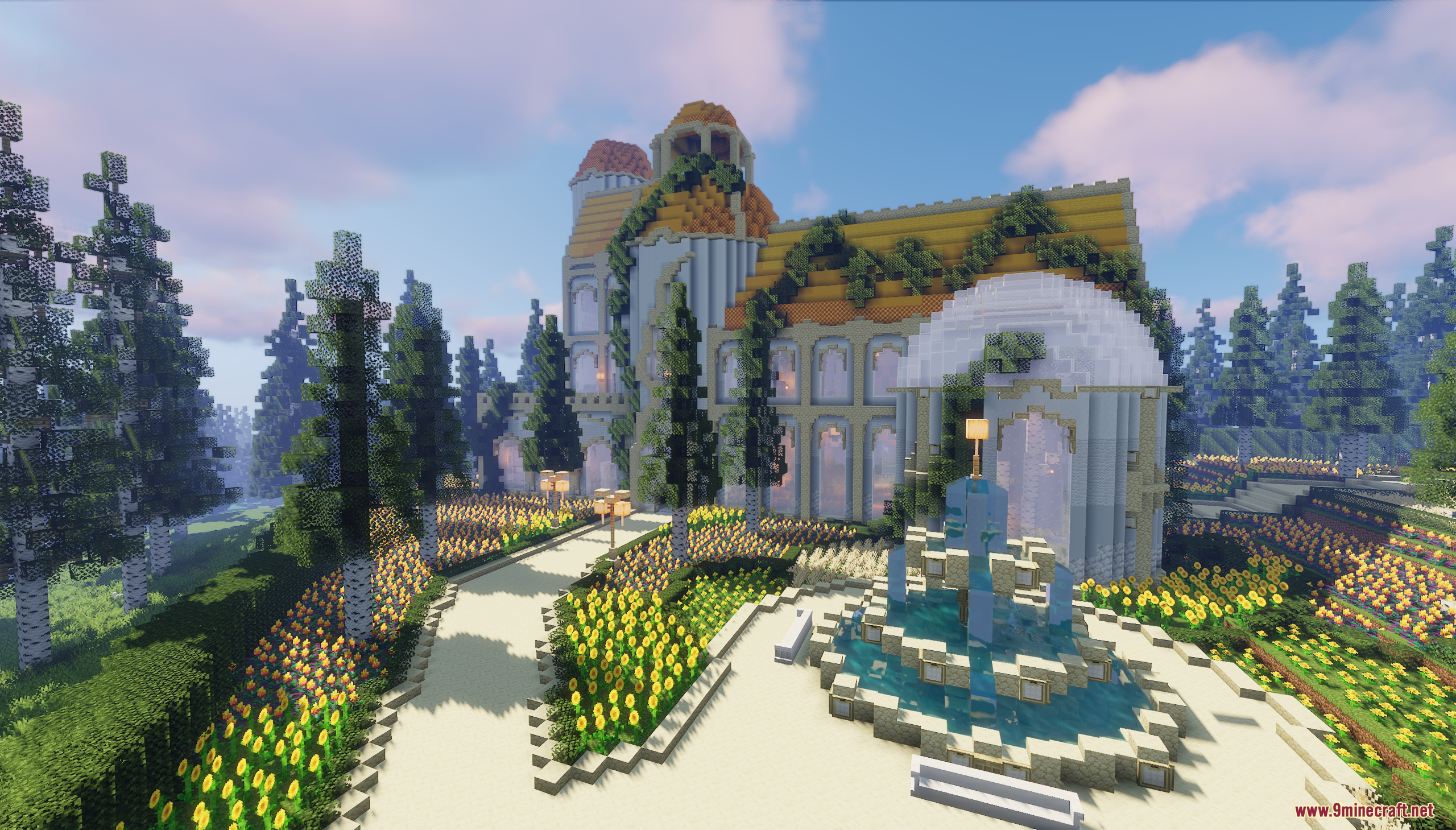 Elegant white mansion with yellow roofs and a fountain in Golden Dawn Map