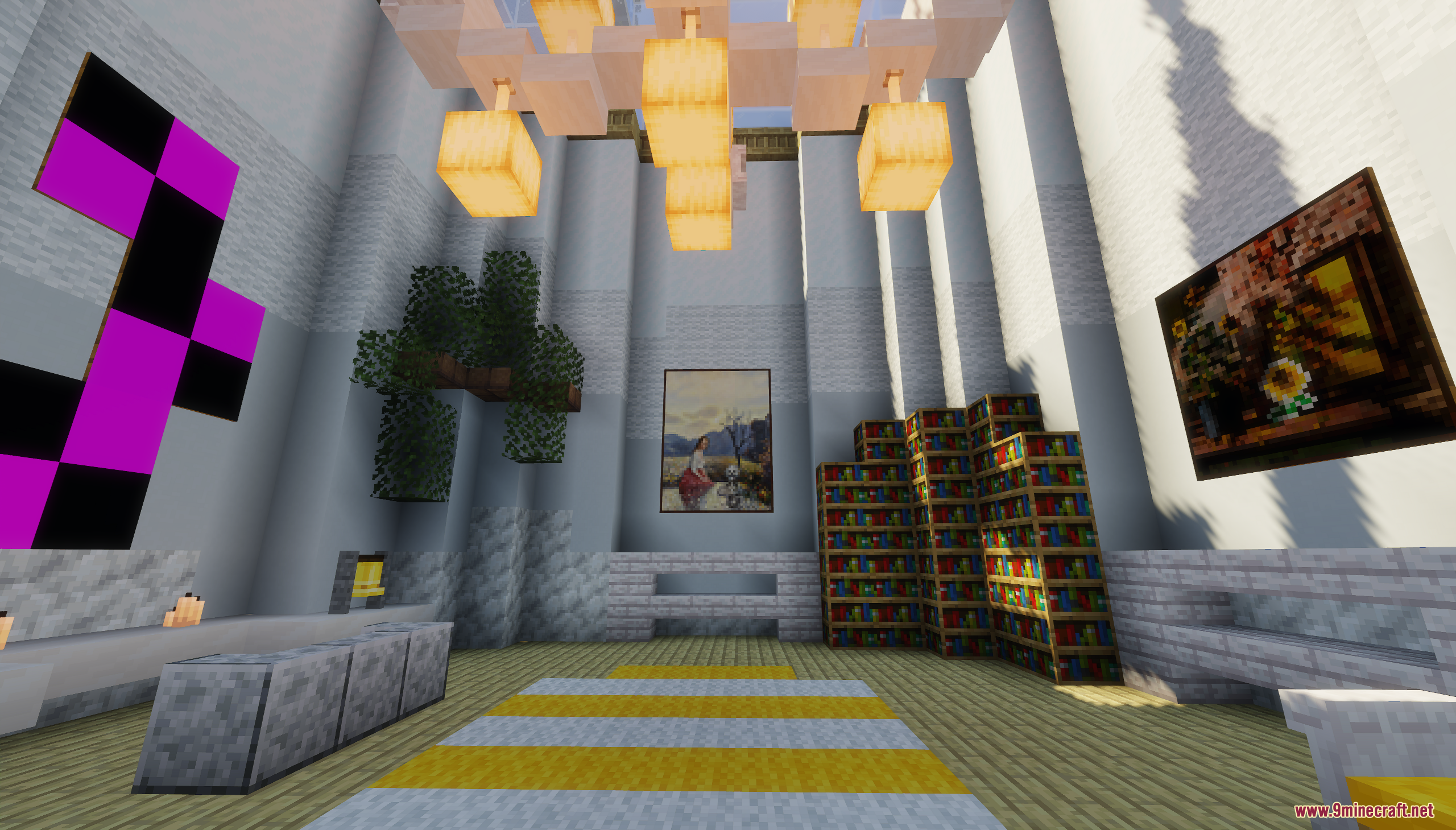 Bright hall featuring tall bookshelves and a large chandelier in a Minecraft build