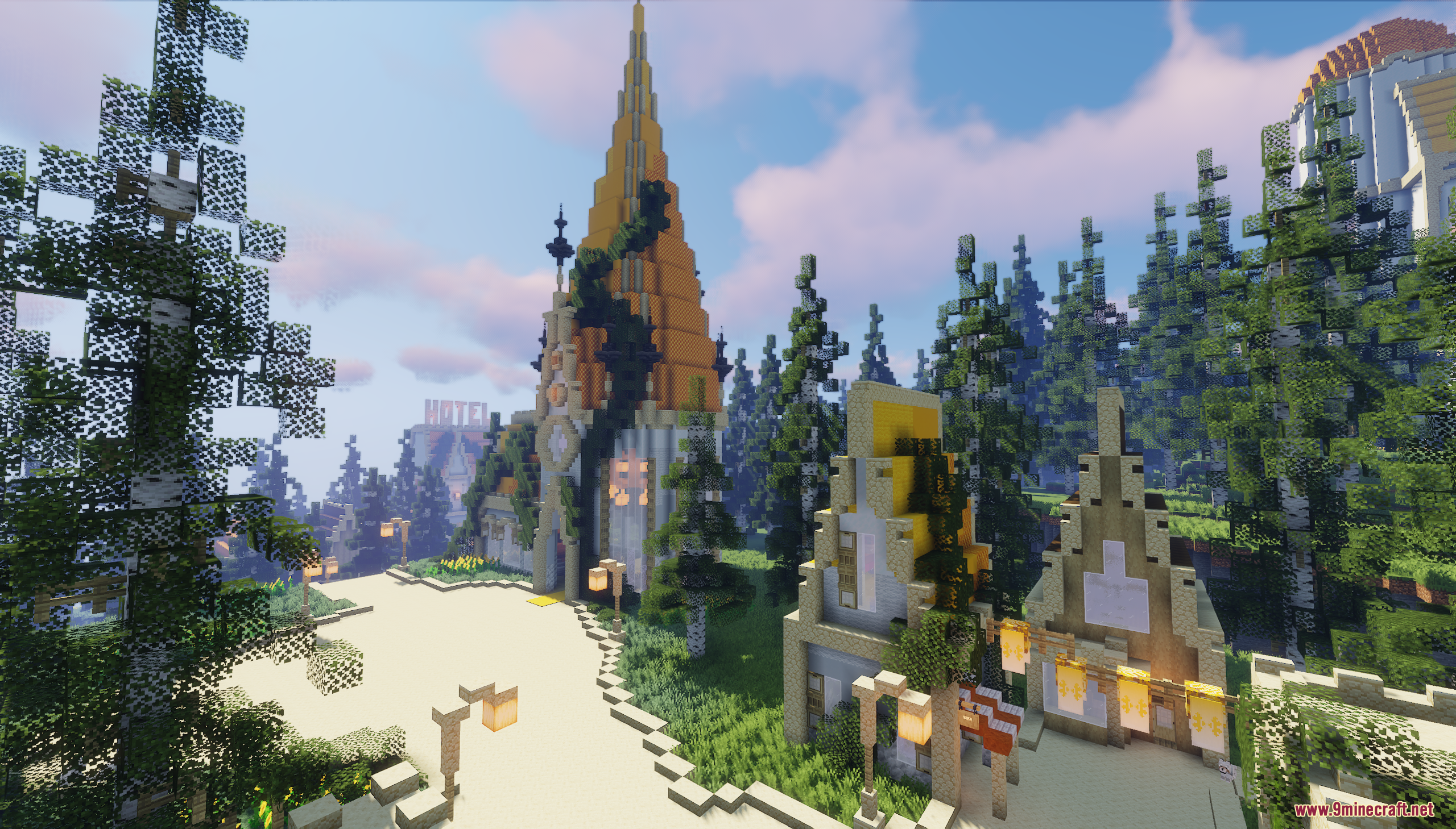 Overview of the Golden Dawn Map featuring tall towers and pine trees