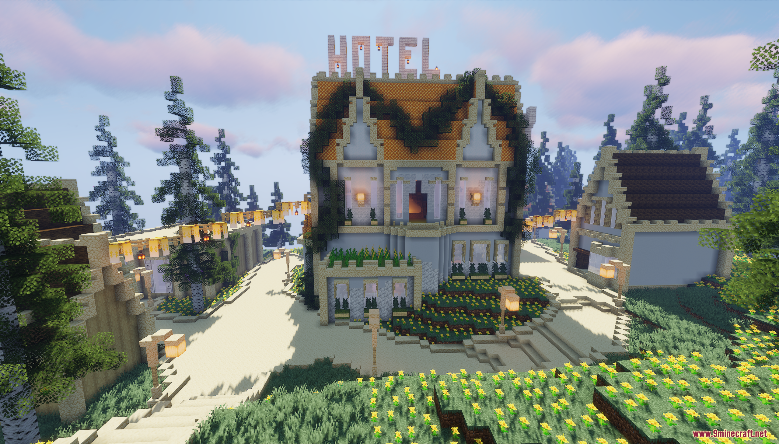 A grand hotel building in Minecraft with a large sign and flower gardens