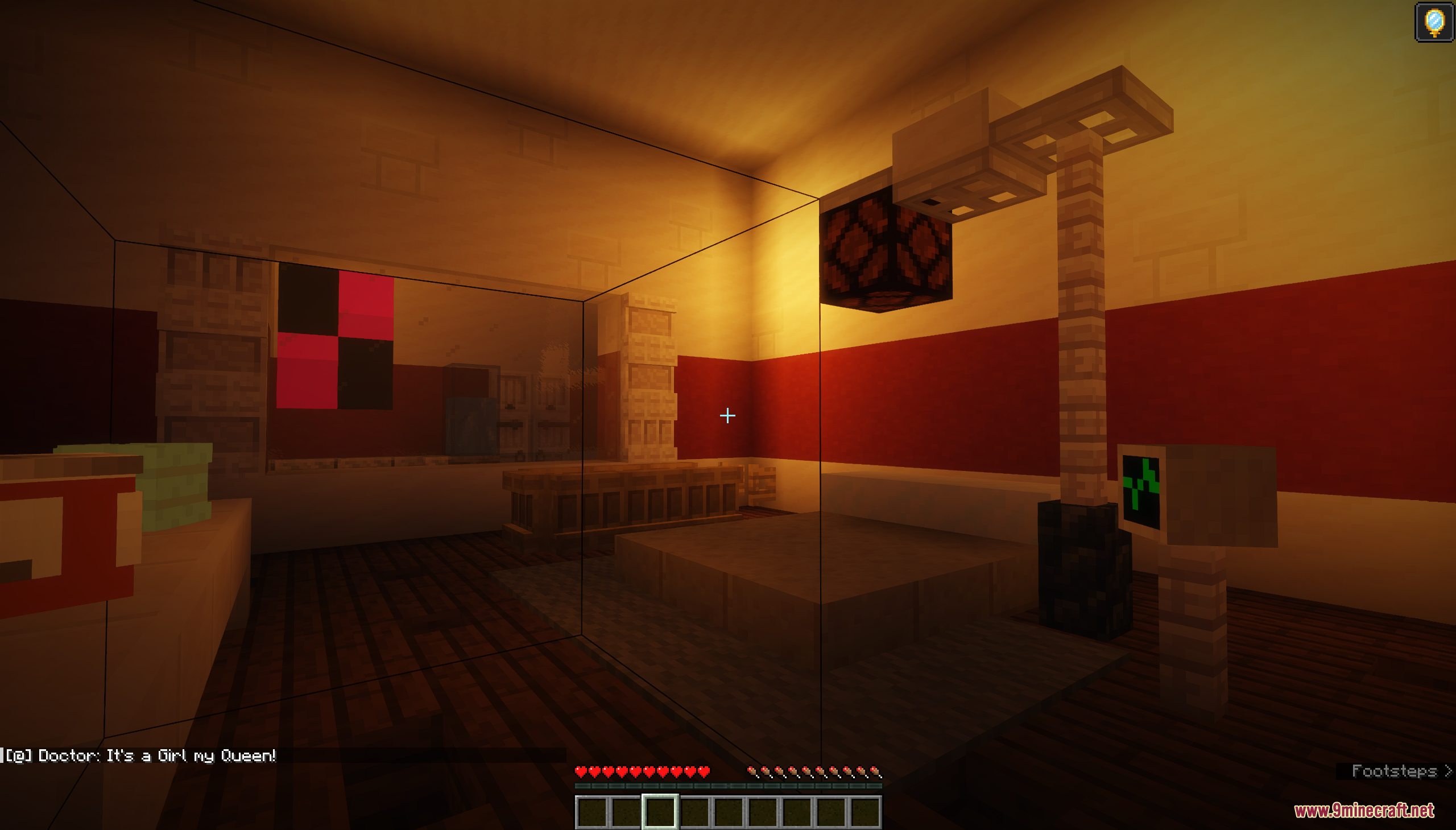 A medical room in Minecraft featuring a bed and a heart monitor