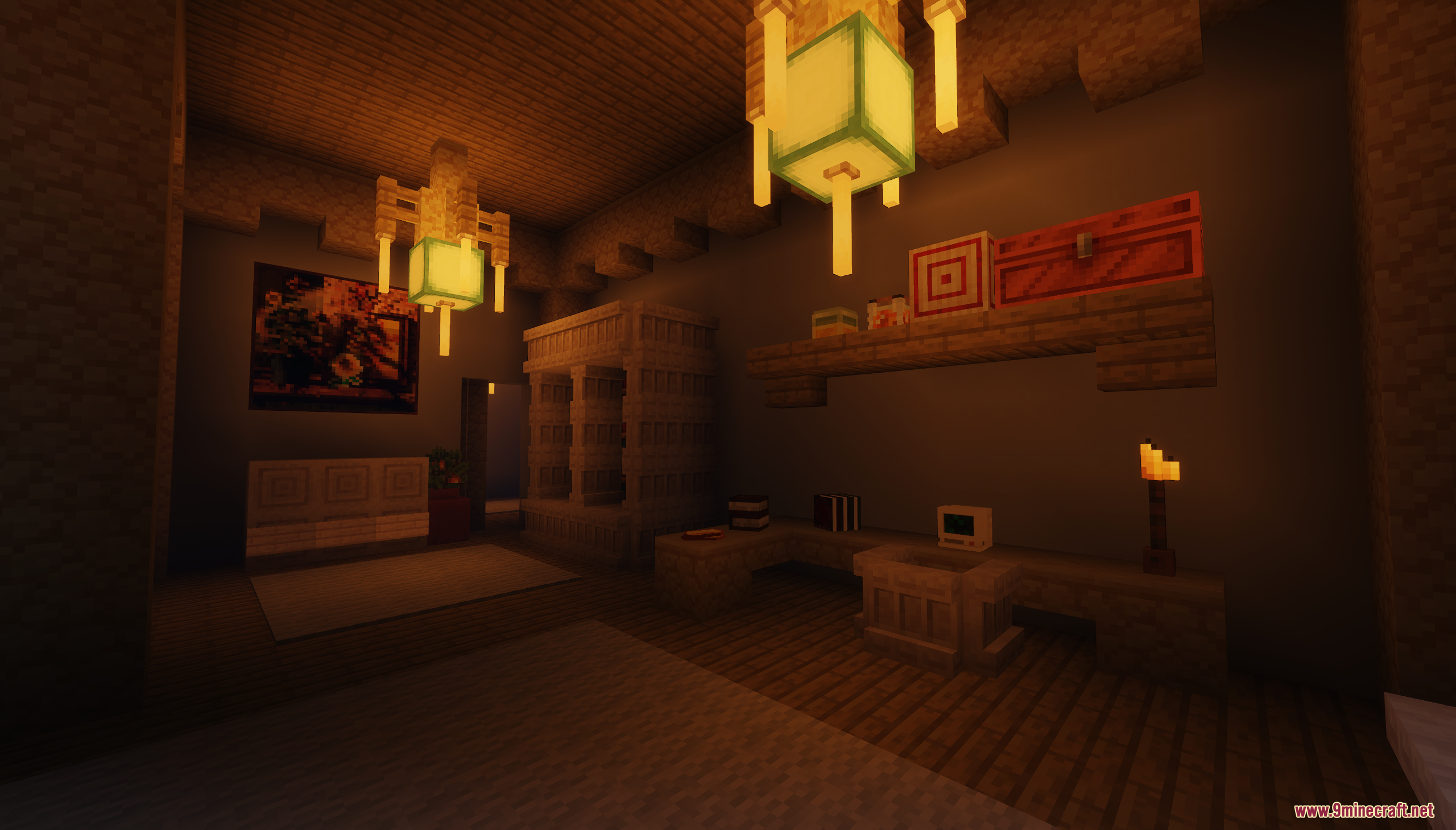 Cozy interior room with warm lantern lighting in the Golden Dawn Map