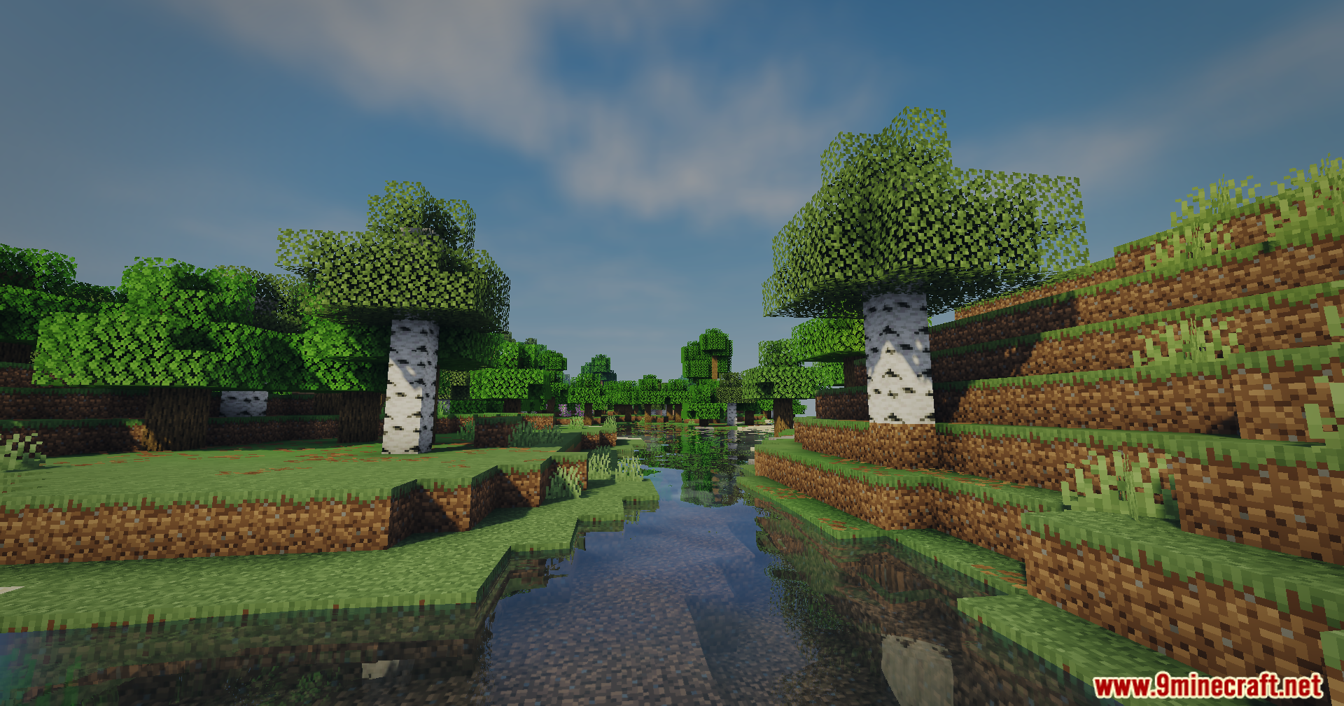 A calm river flows through a birch forest with realistic water reflections