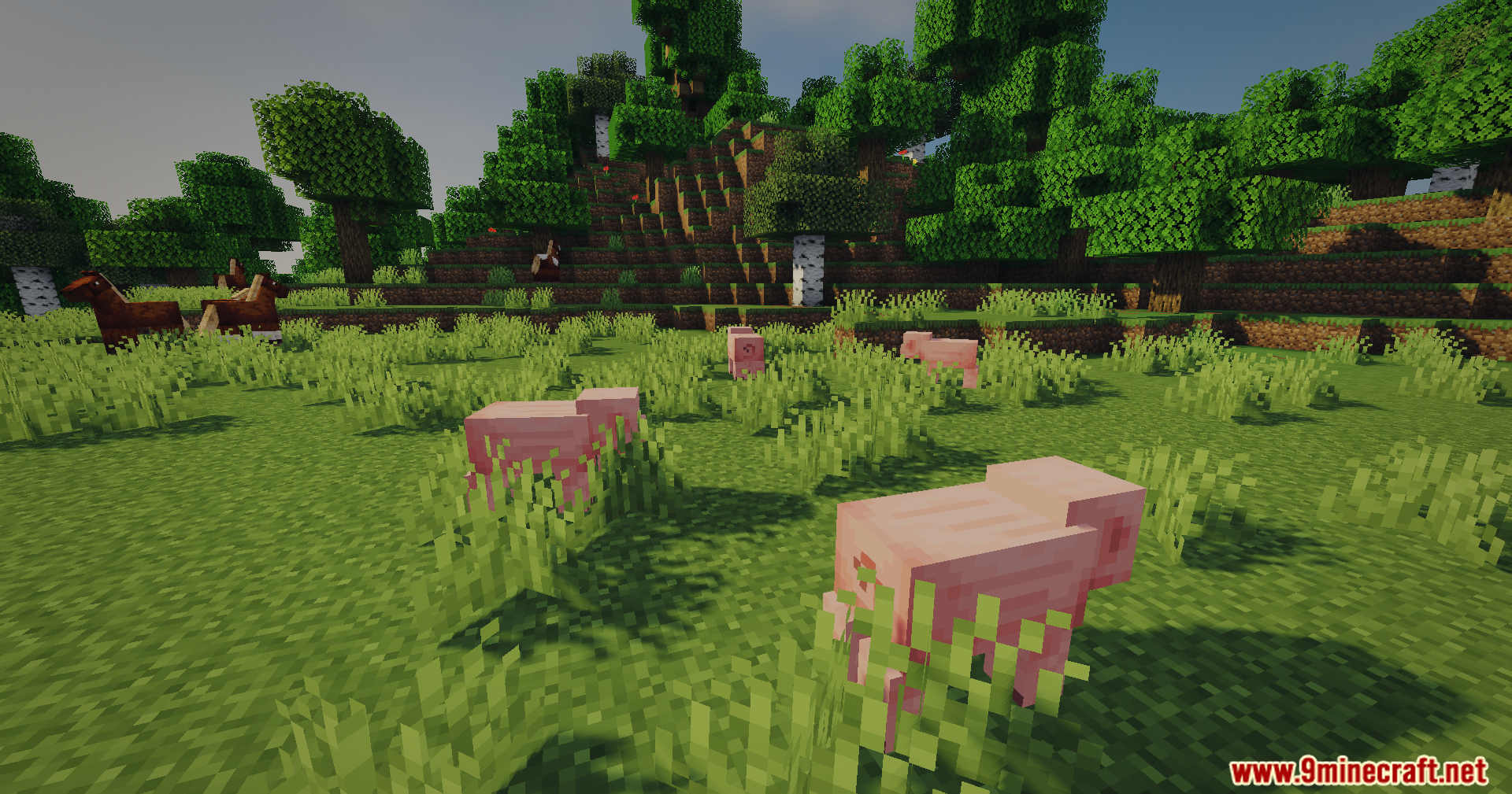 Pigs graze in a grassy field with realistic shadows and vibrant green trees