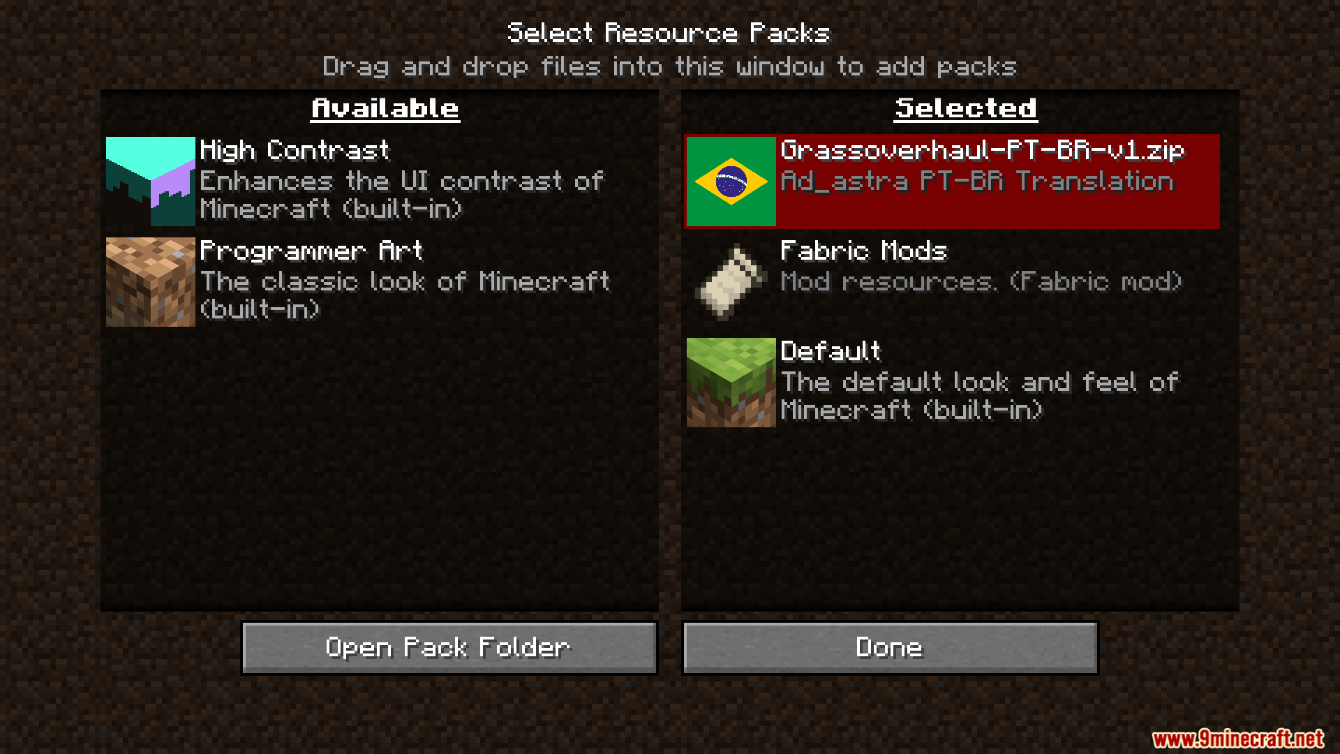 Grass Overhaul PT BR Translation Resource Pack Screenshot 1 Resource pack menu with the Brazilian Portuguese translation for Grass Overhaul selected
