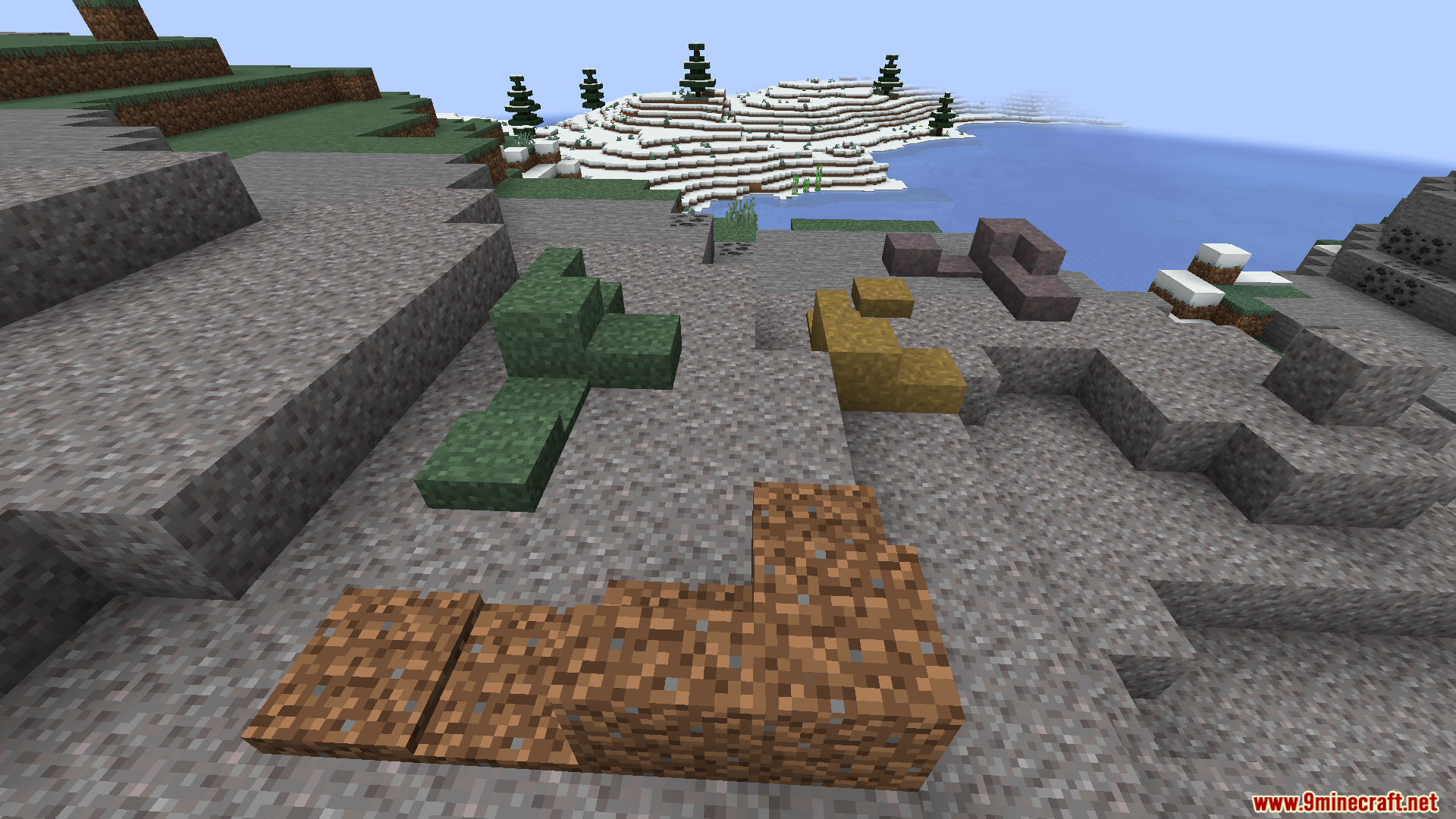 Grass Overhaul PT BR Translation Resource Pack Screenshot 8 Different colored dirt and grass slabs scattered across a gravel landscape