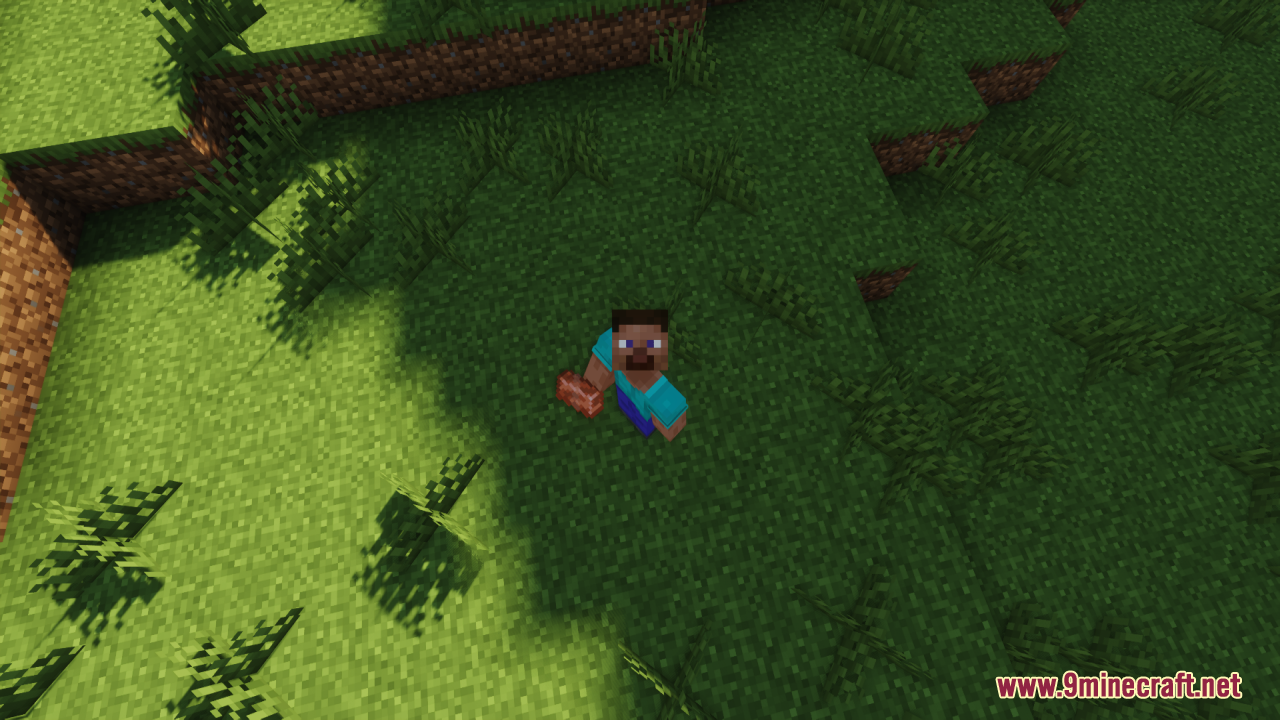 A Minecraft player character holds a copper ingot in a grassy field