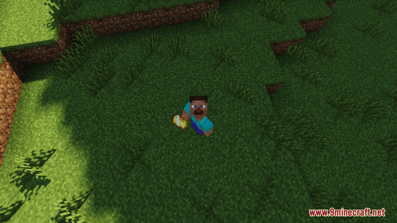A Minecraft player character holds a gold ingot in a grassy field