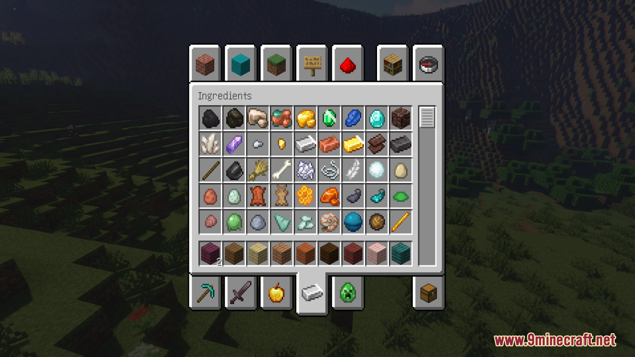 Minecraft creative inventory menu showing animated items like diamonds and gold ingots