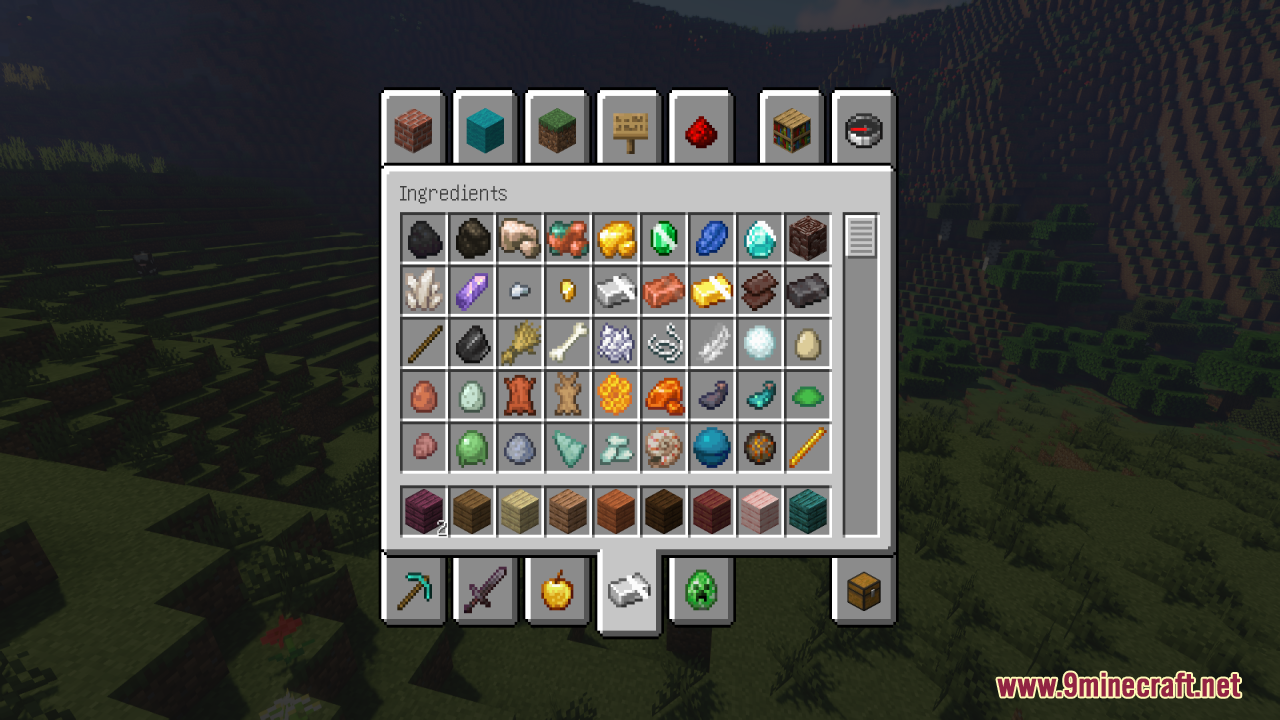 The ingredients tab in Minecraft featuring animated textures for various crafting materials