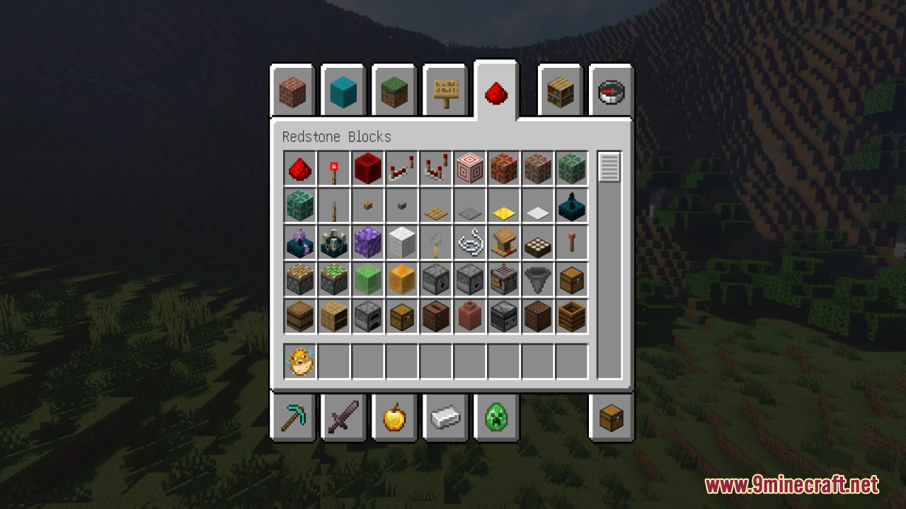 Minecraft creative inventory showing redstone blocks and an animated pufferfish item