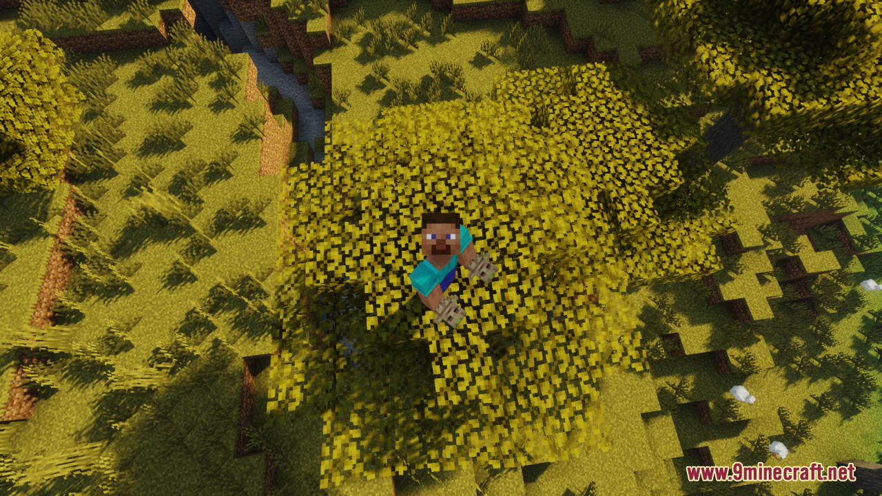 Groot Totem of Undying Resource Pack Screenshot 5 Steve standing on a yellow tree canopy holding two wooden tree totems