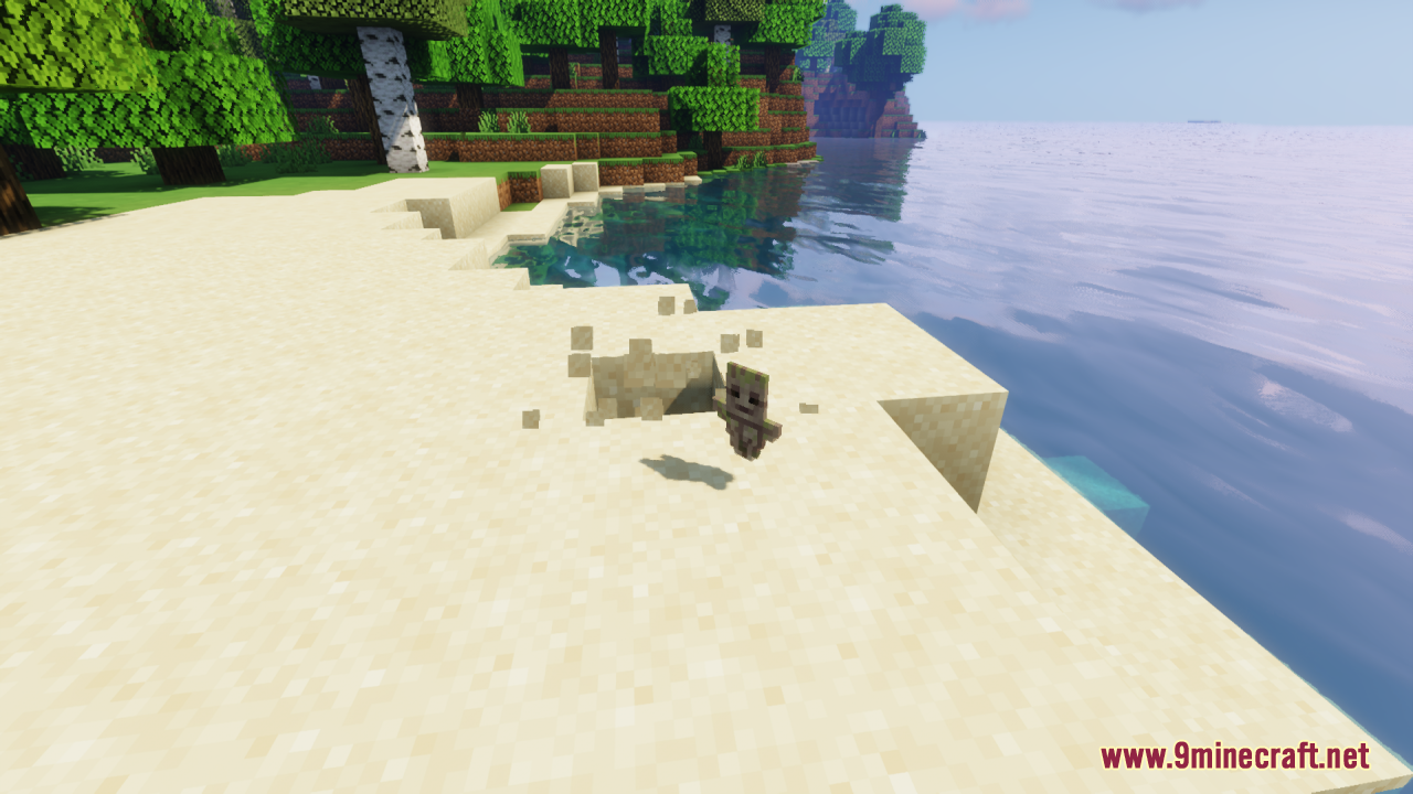 Groot Totem of Undying Resource Pack Screenshot 8 A wooden tree character totem item falls onto a sunny sandy beach