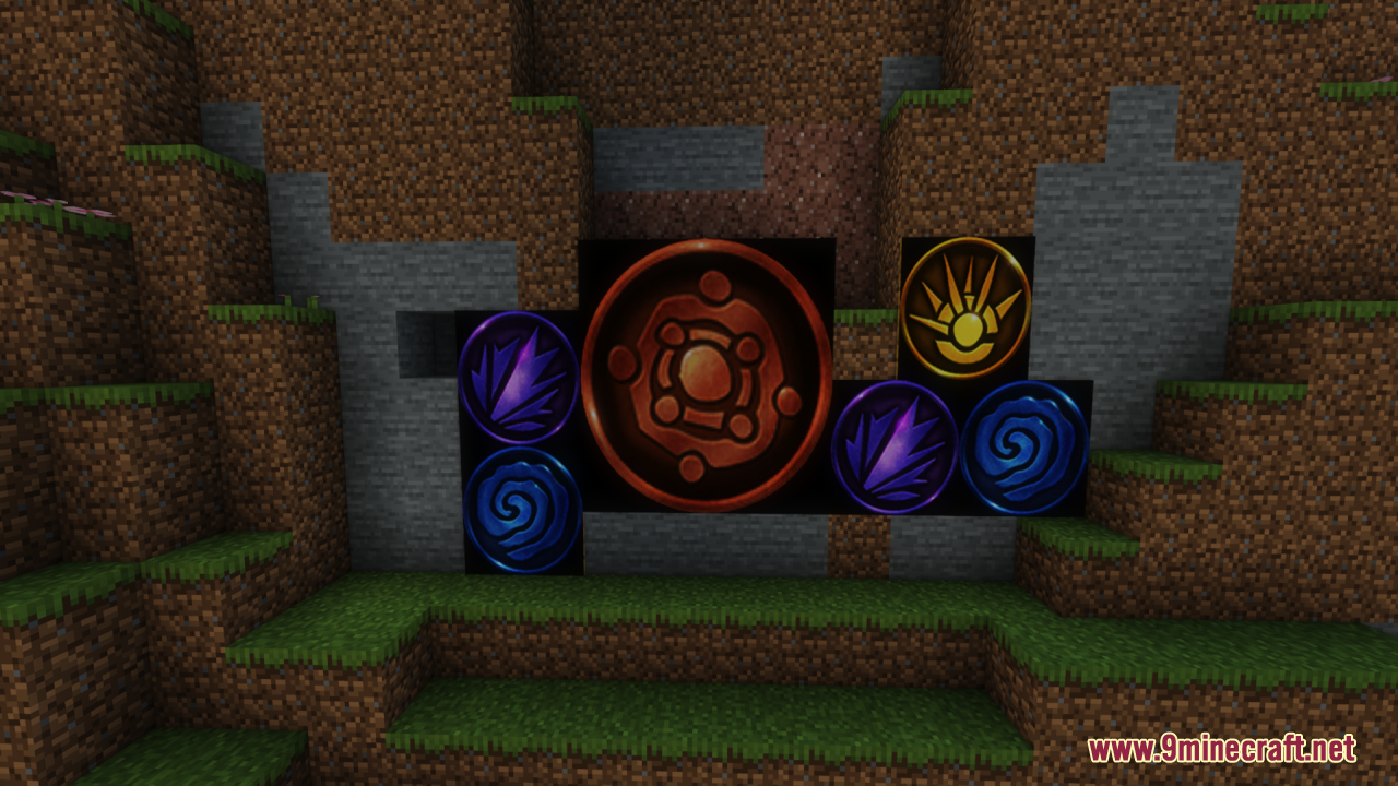 HTTYD Franchise Paintings Resource Pack Screenshot 13 Various colorful dragon class symbols displayed on a stone and dirt wall