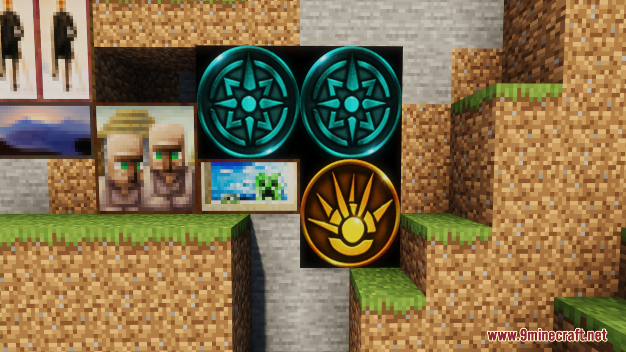 HTTYD Franchise Paintings Resource Pack Screenshot 4 Three circular paintings with teal and gold designs placed on a stone wall
