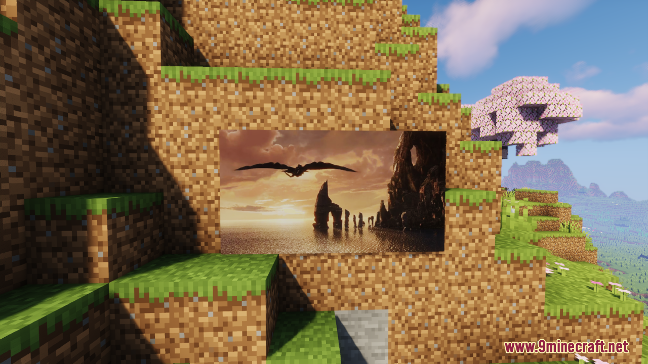 HTTYD Franchise Paintings Resource Pack Screenshot 8 A large painting of a dragon flying over the ocean during a sunset