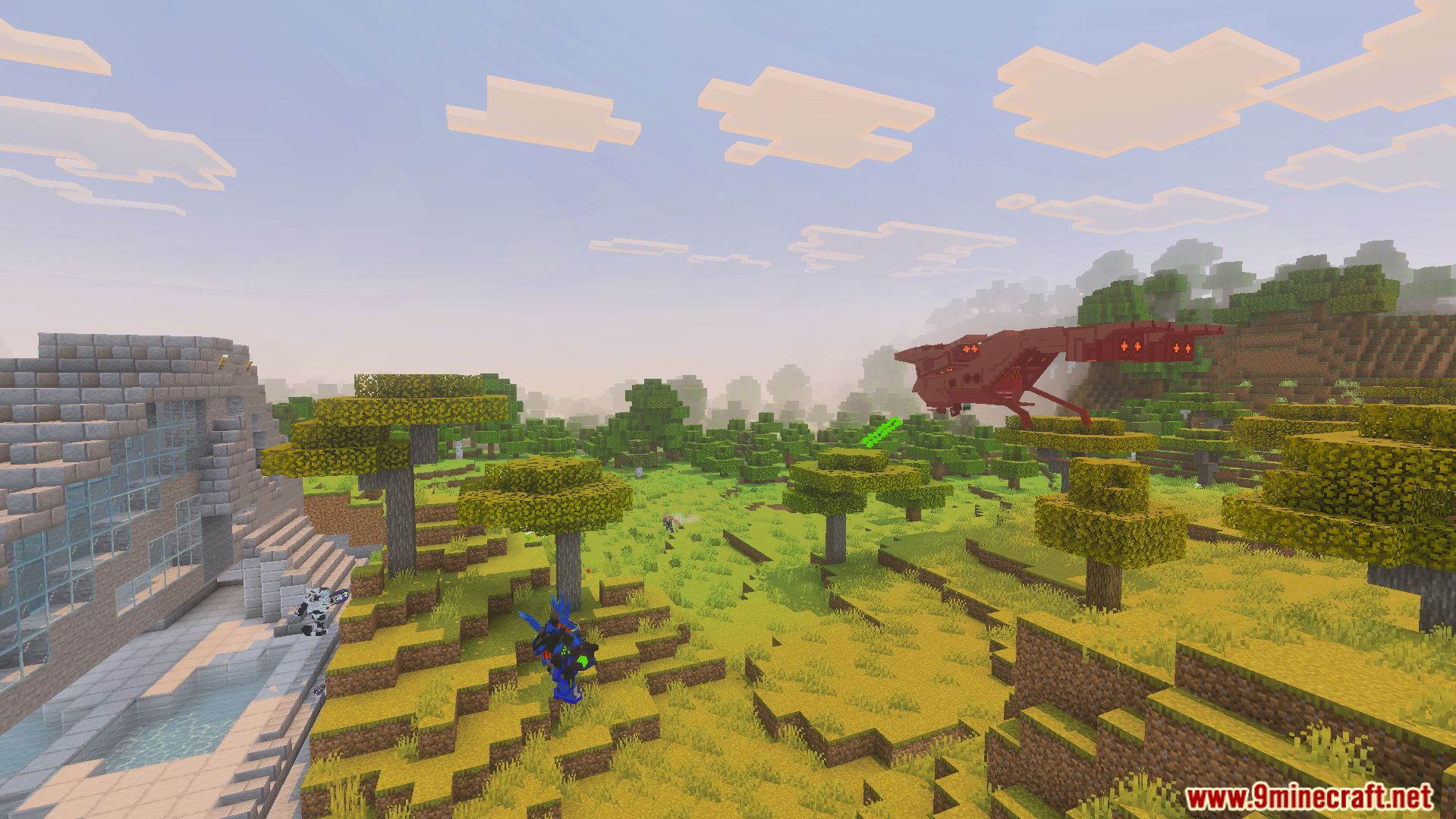 Halo Infinite Wars Addon Screenshot 4 Red alien ship flying over structures and trees with Elites on ground