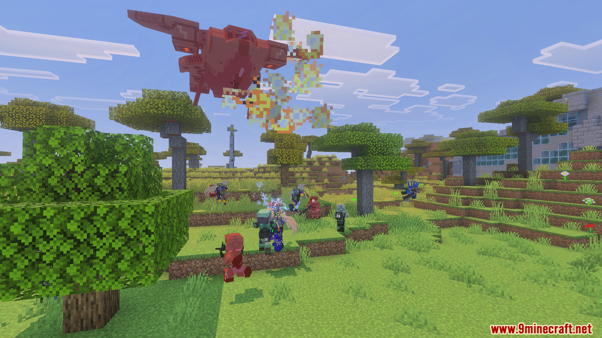Halo Infinite Wars Addon Screenshot 6 A red alien ship flies over soldiers in a Minecraft savanna biome
