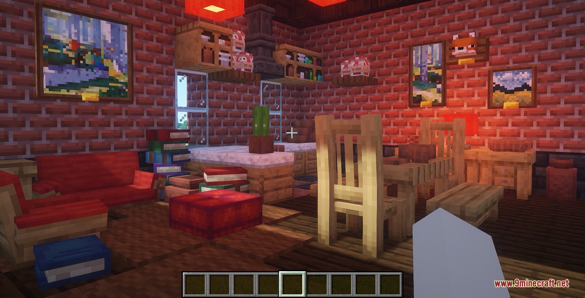 A cozy living space decorated with brick walls and handcrafted wooden furniture