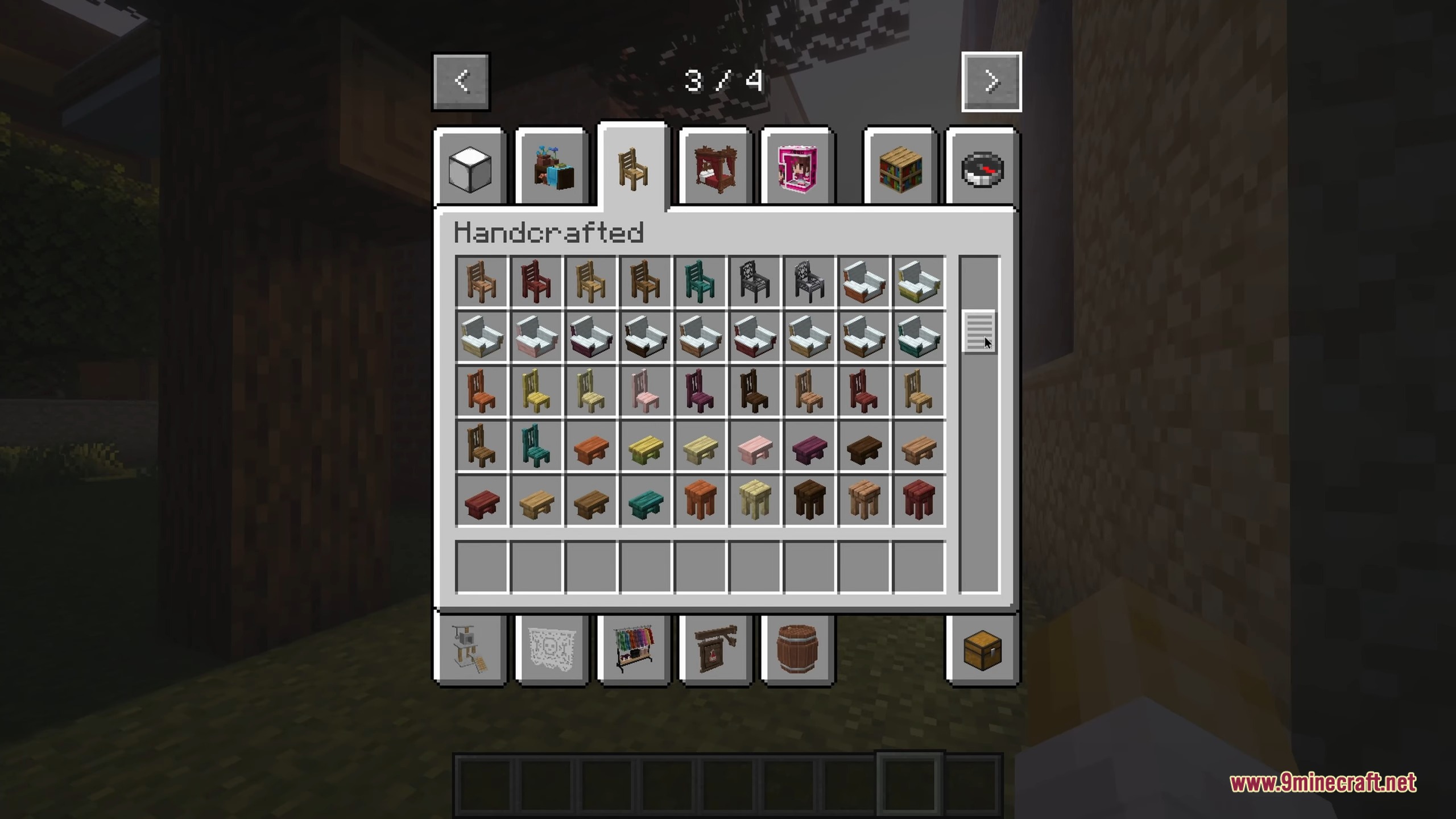 The creative inventory menu showcasing various furniture items from the Handcrafted mod