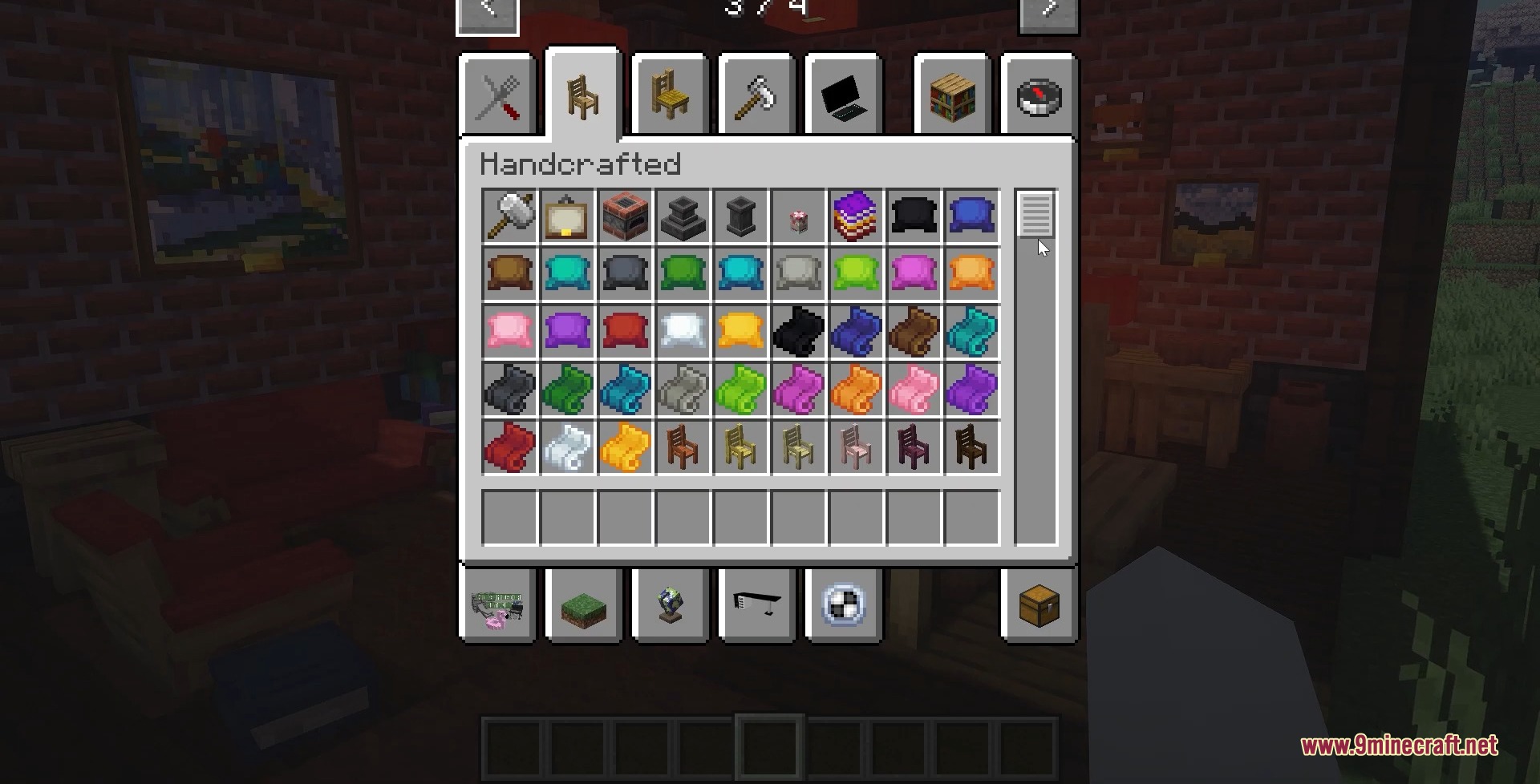 The creative inventory menu displaying various furniture items from the Handcrafted mod