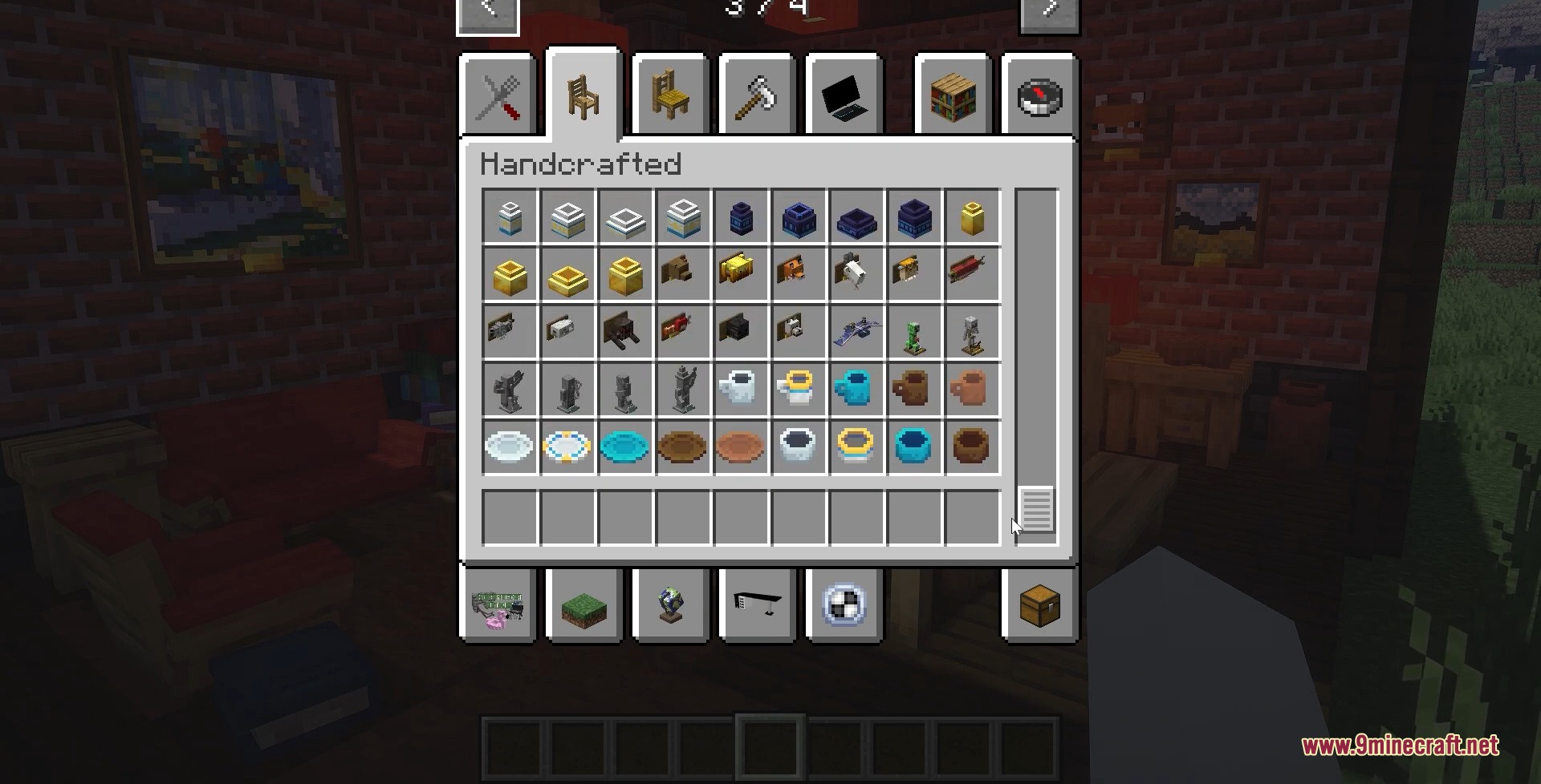 Creative inventory menu displaying various decorative furniture items from Handcrafted mod