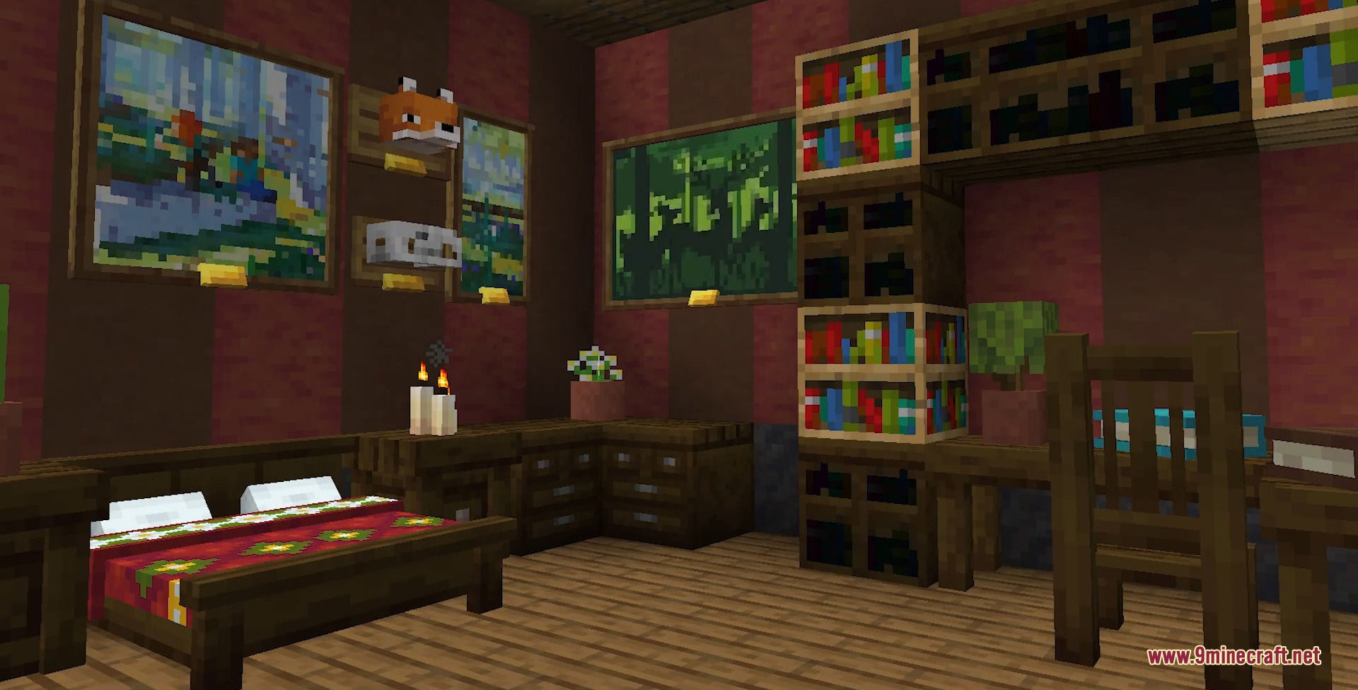 Cozy bedroom interior showcasing custom beds bookshelves and wooden desks
