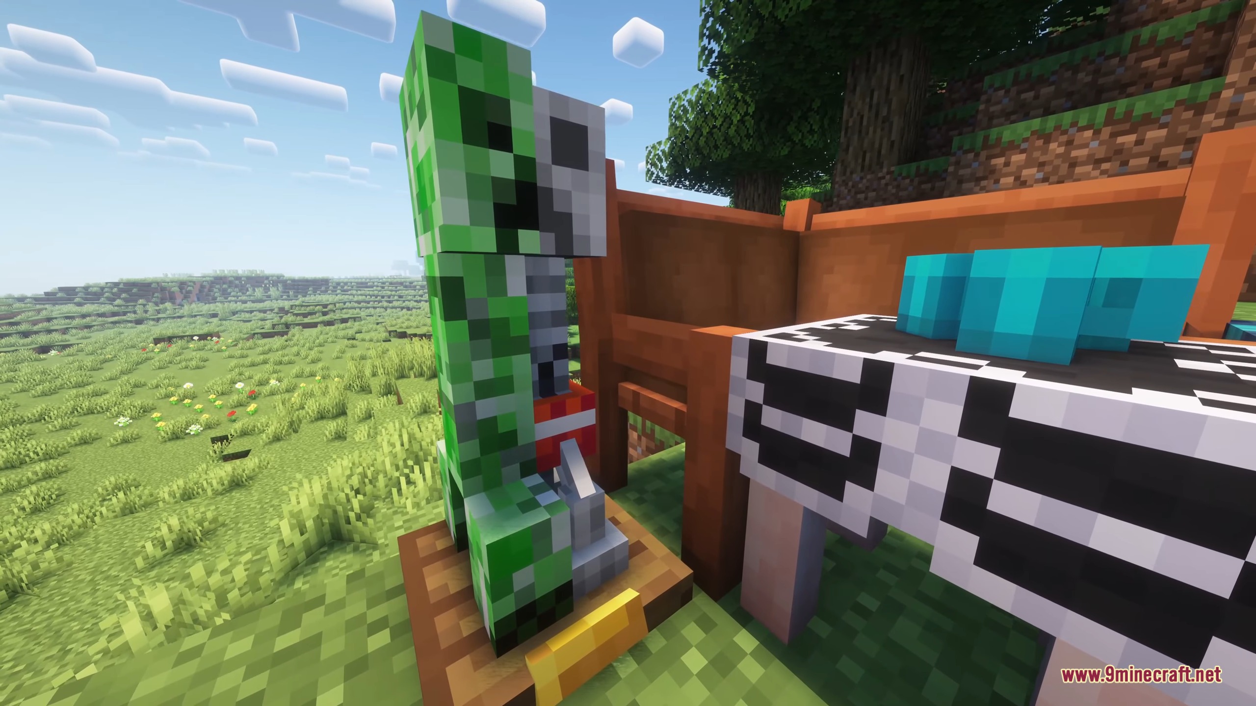 A creeper skeleton statue standing next to a table in a field