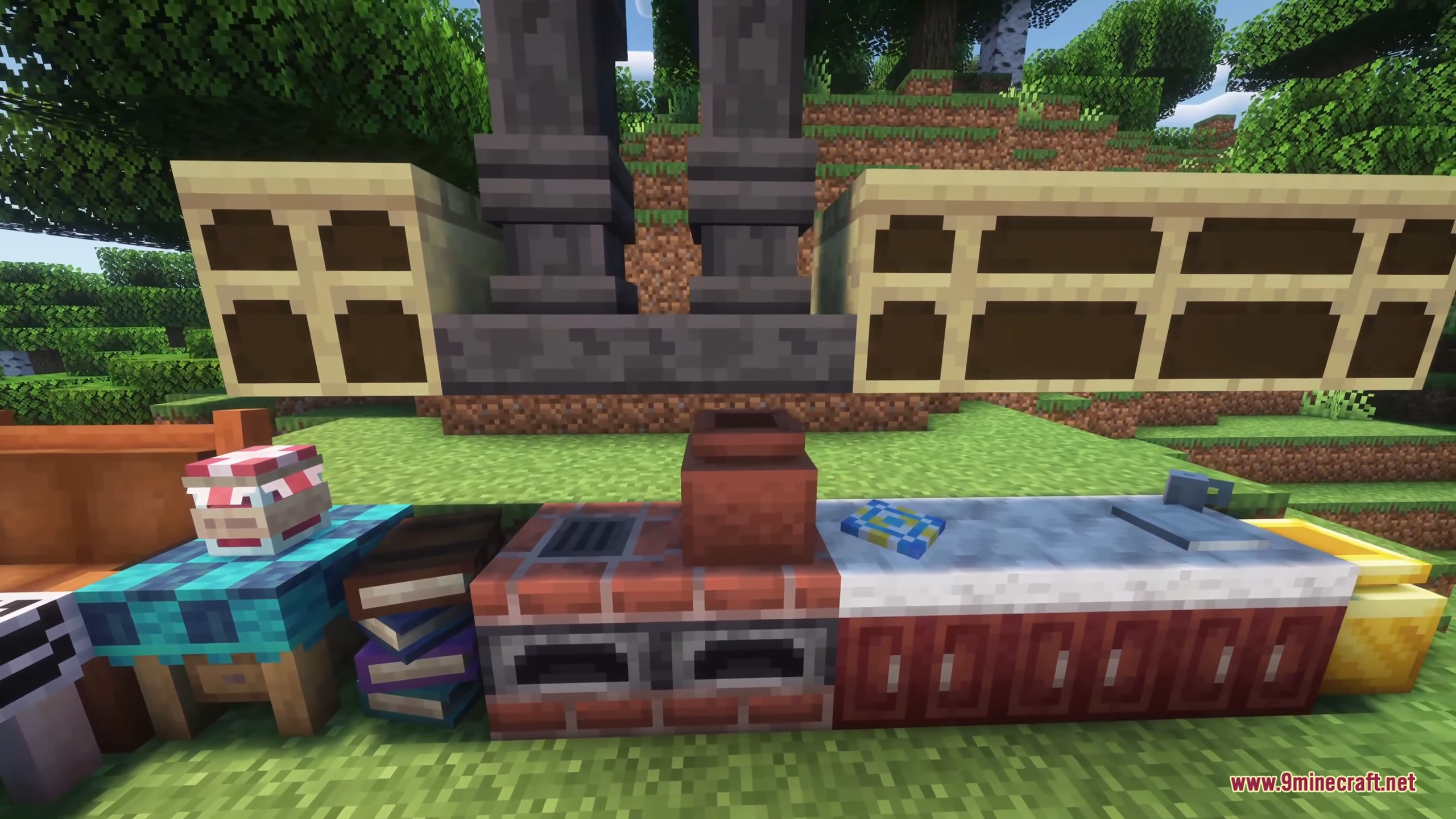 An outdoor kitchen area featuring a brick stove and various wooden shelves