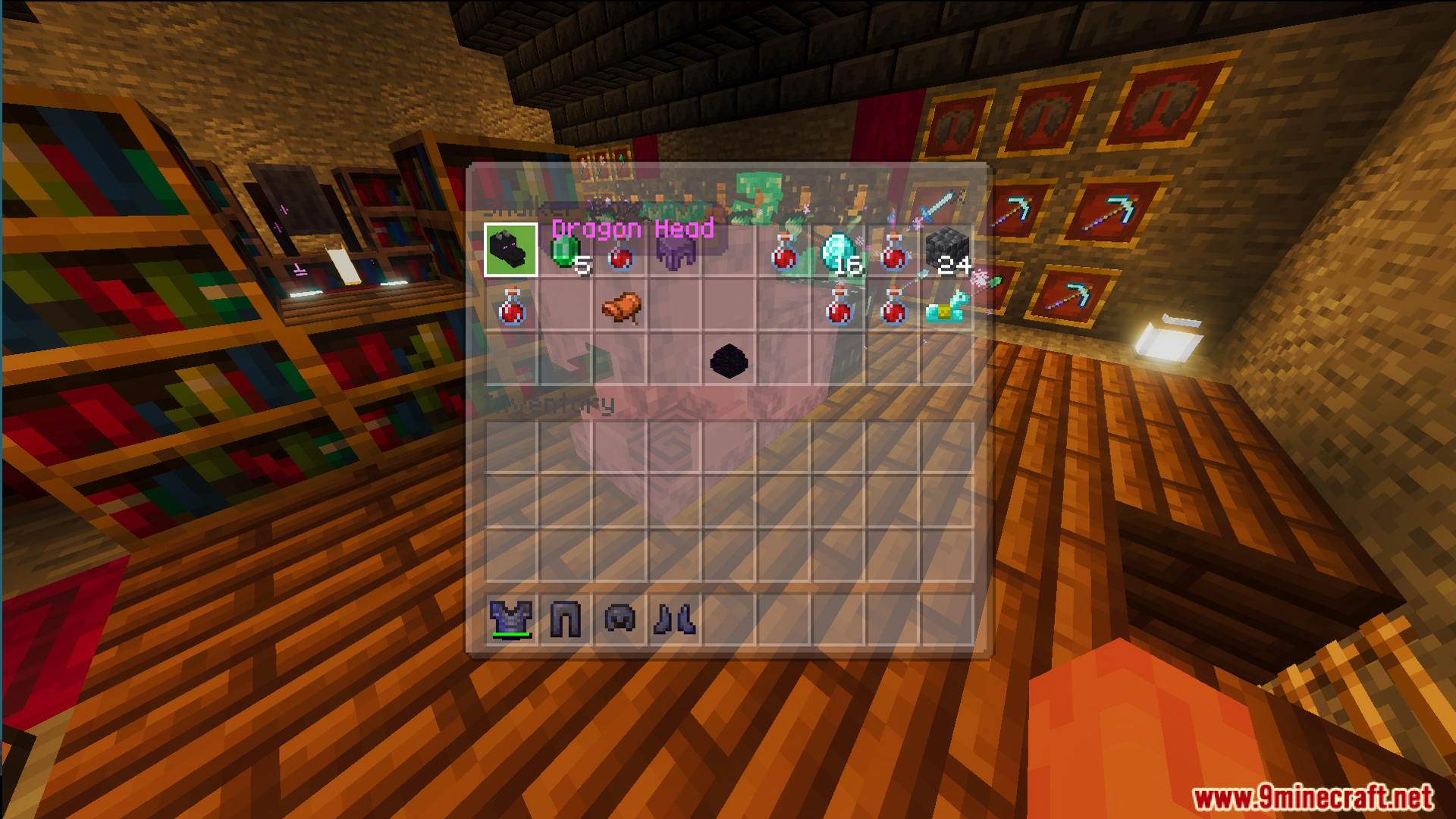 Inventory screen showing rare items and enchanted armor inside a shulker box