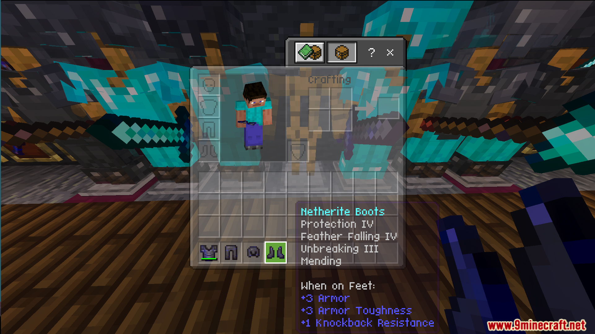 Inventory screen showing enchanted netherite boots with protection and mending enchantments