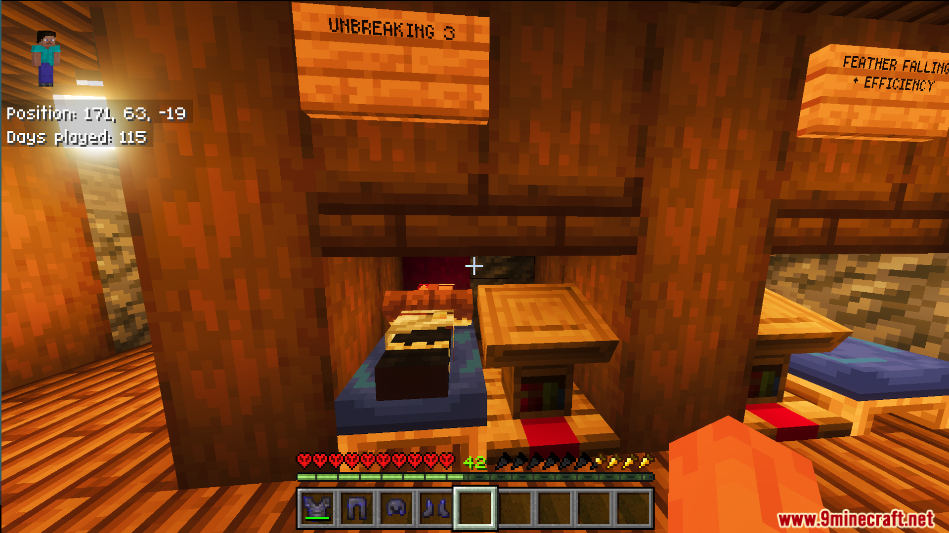 Villager sleeping in a stall next to a lectern with enchantment signs
