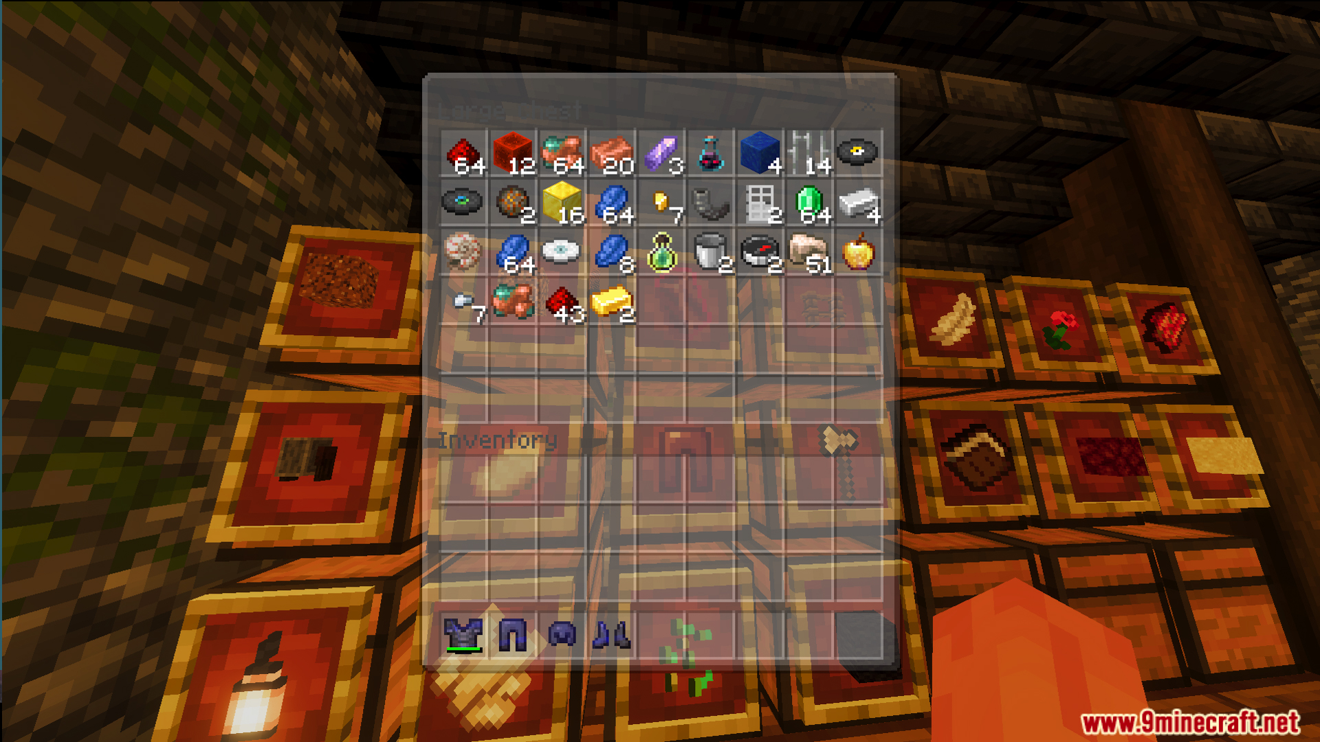Minecraft inventory screen showing organized storage with various survival resources and armor