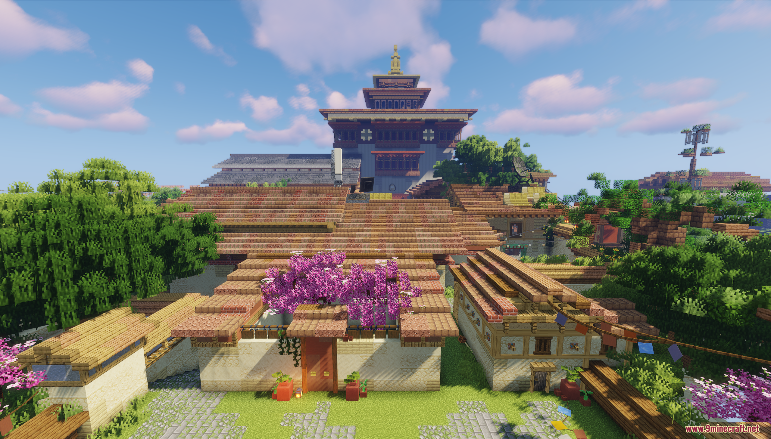 Haven Map Screenshot 1 A large traditional temple complex in the Haven Map with a pink blossom tree