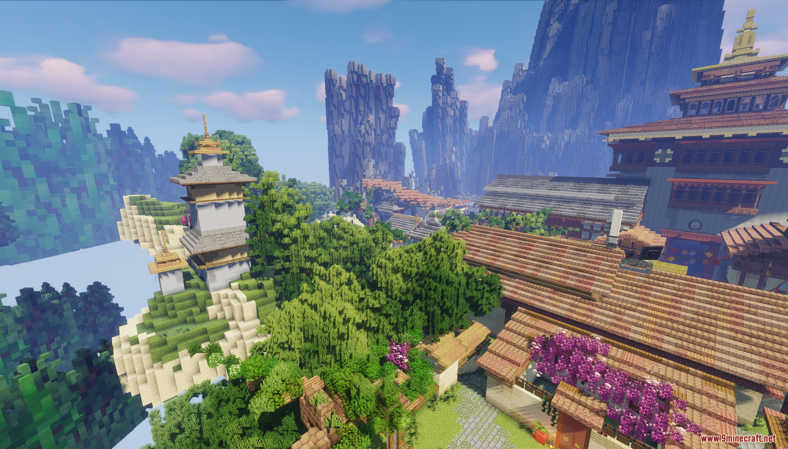 Haven Map Screenshot 3 Traditional Asian architecture and tall mountains under a blue sky in Haven Map