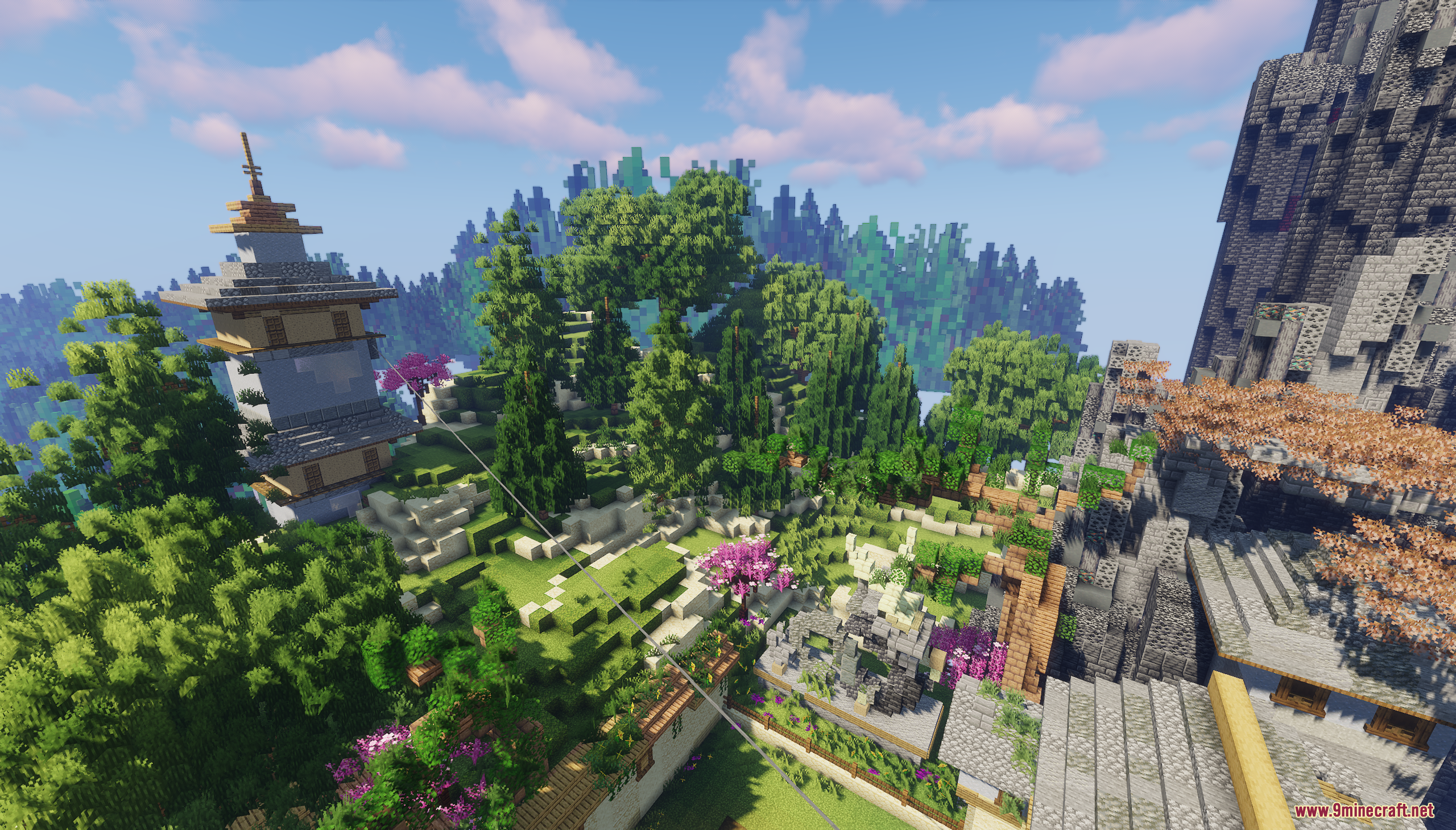 Haven Map Screenshot 4 A stone pagoda and vibrant pink trees within a lush mountain landscape