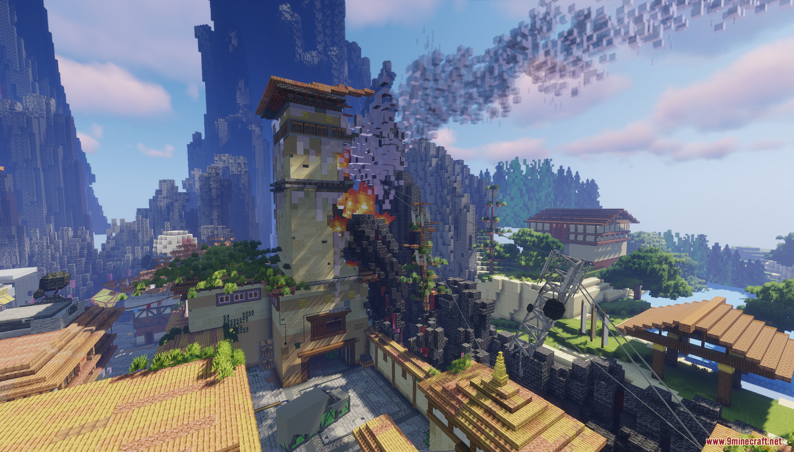 Haven Map Screenshot 5 A tall tower stands amidst detailed buildings and mountains in the Haven map