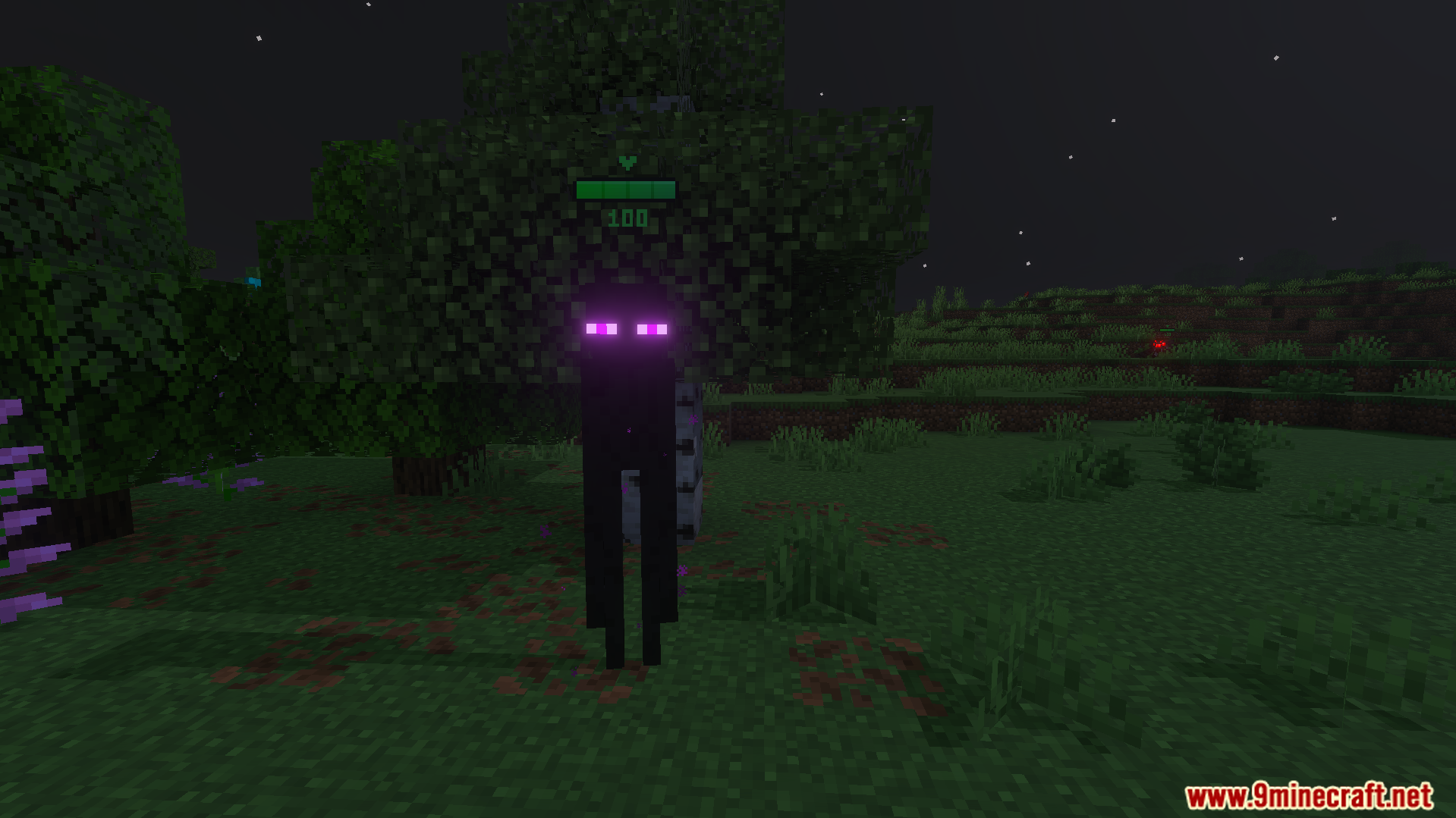 Health Bar Indicator Texture Pack Screenshot 4 An enderman with a green health bar above its head in a dark forest