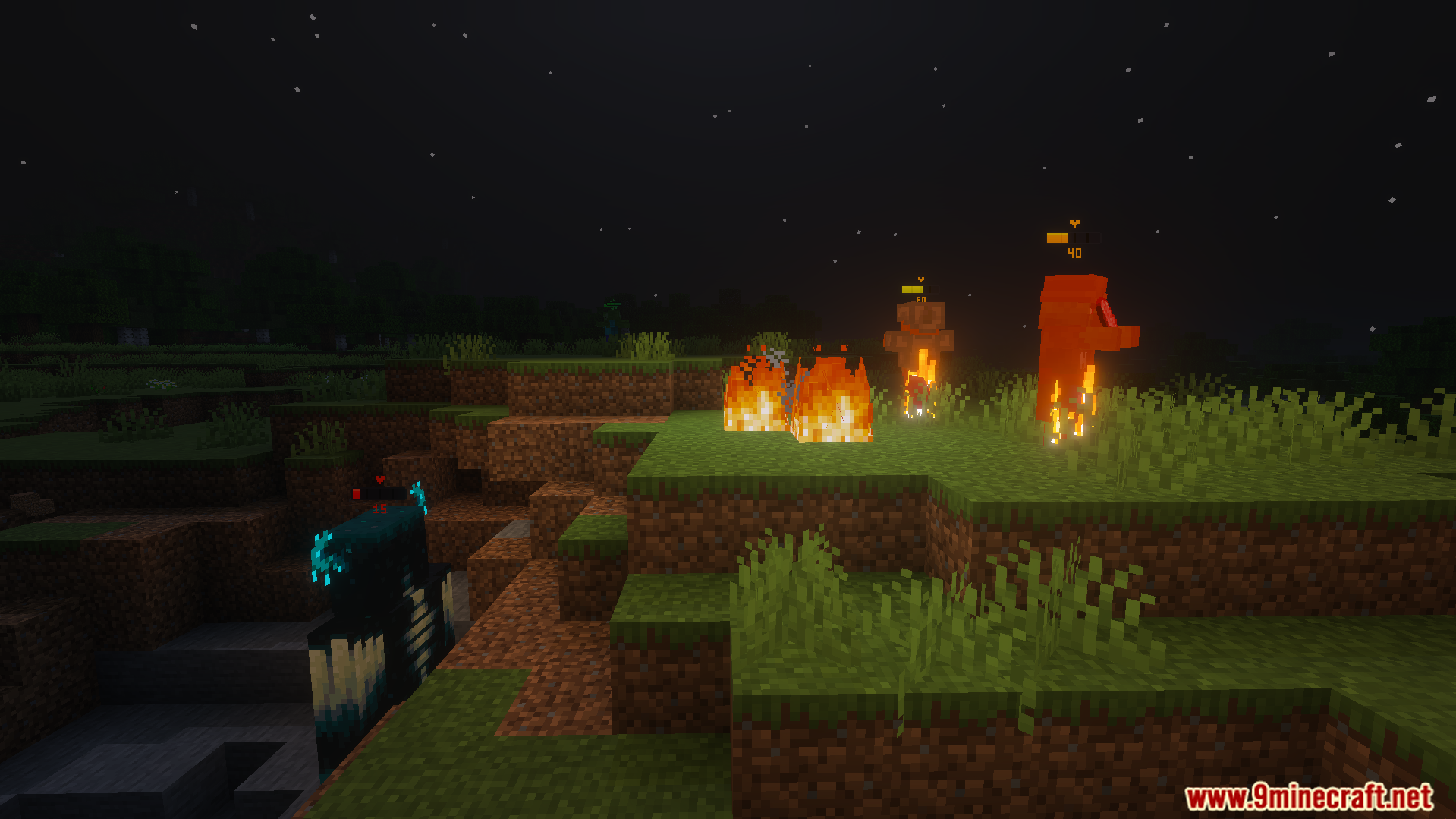 Health Bar Indicator Texture Pack Screenshot 8 Warden in a ravine and burning mobs on a hill with health bars