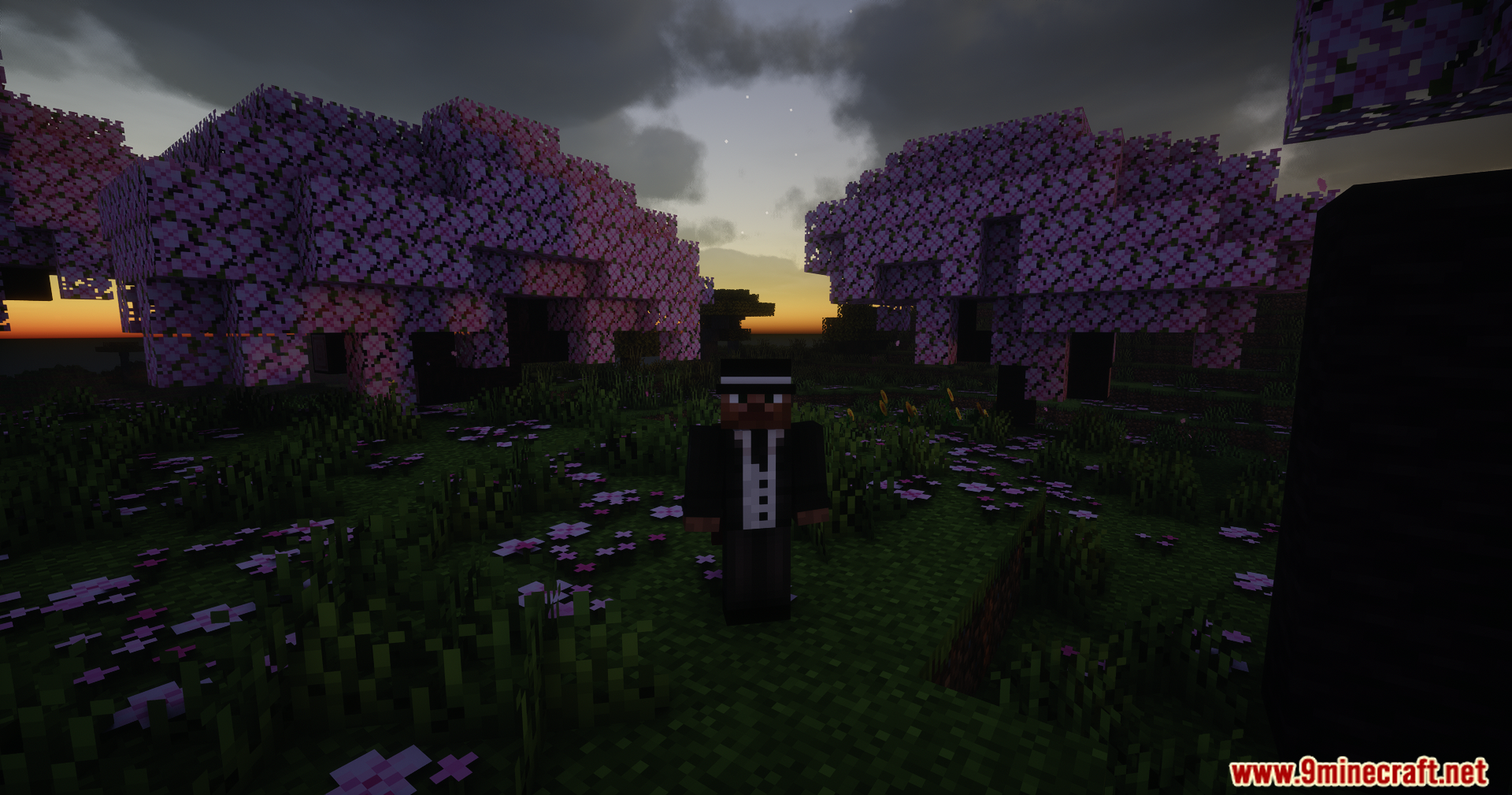Helian MMCO Sundial Lite Edit Shaders Screenshot 10 Minecraft character in a suit standing in a cherry blossom grove at sunset