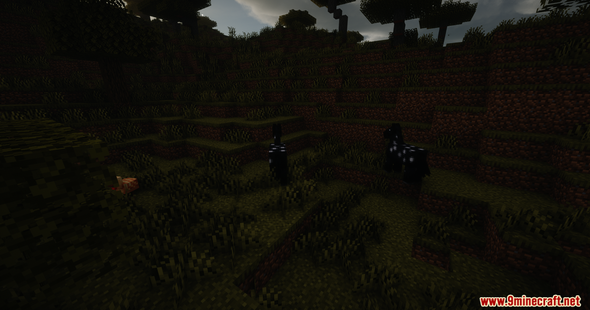 Helian MMCO Sundial Lite Edit Shaders Screenshot 12 Two dark horses grazing in a field under the dim night sky