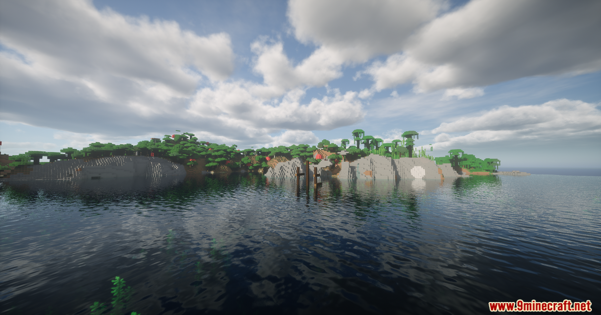 Helian MMCO Sundial Lite Edit Shaders Screenshot 2 Lush green trees growing on rocky cliffs along a peaceful ocean shore